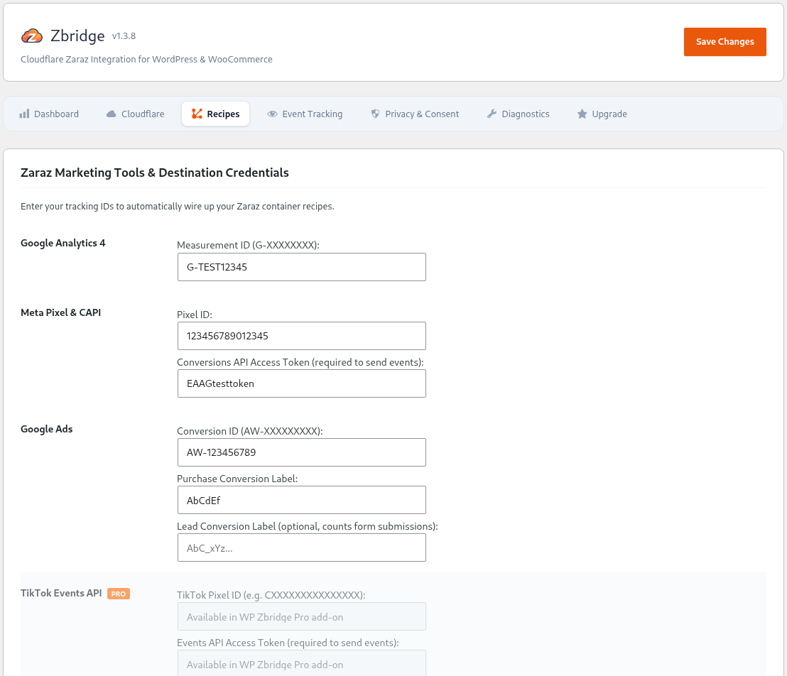 Zaraz Recipes: tool IDs and tokens for GA4, Meta and Google Ads, with TikTok, Snapchat, Pinterest, Bing and LinkedIn in Pro.