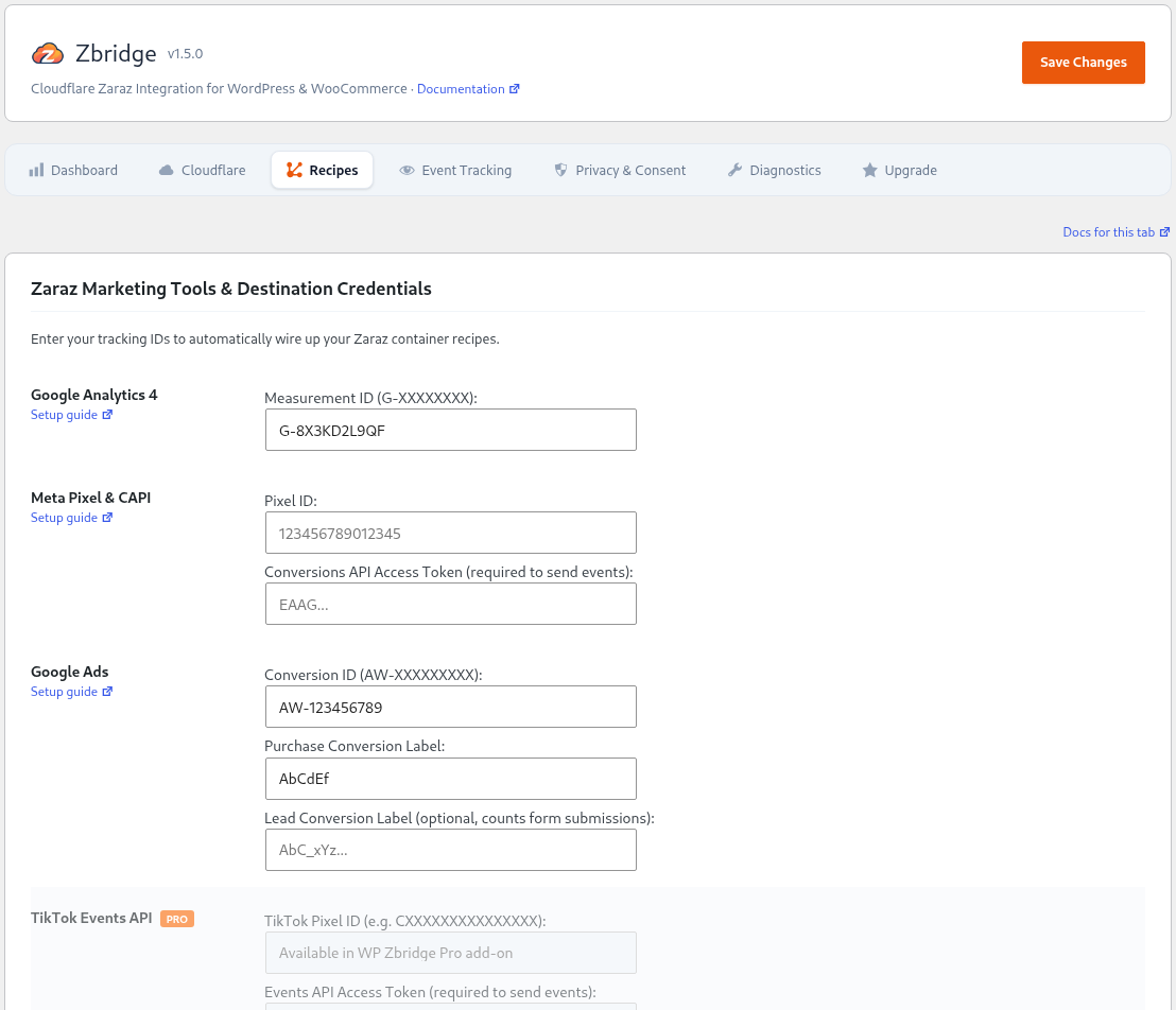 Zaraz Recipes: tool IDs and tokens for GA4, Meta and Google Ads, with TikTok, Snapchat, Pinterest, Bing, LinkedIn, Reddit and X in Pro.