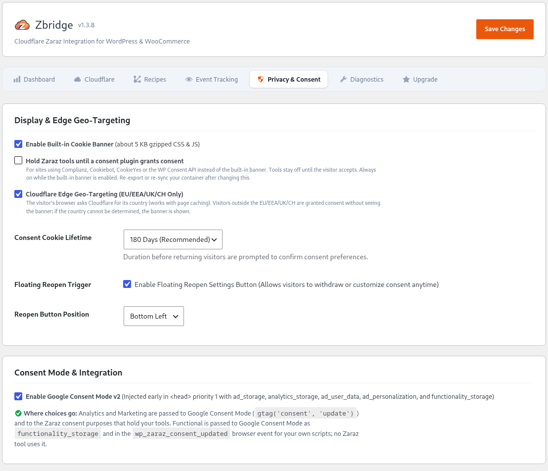 Privacy & Consent: cookie banner, EU-only targeting, consent plugin support and Google Consent Mode v2.