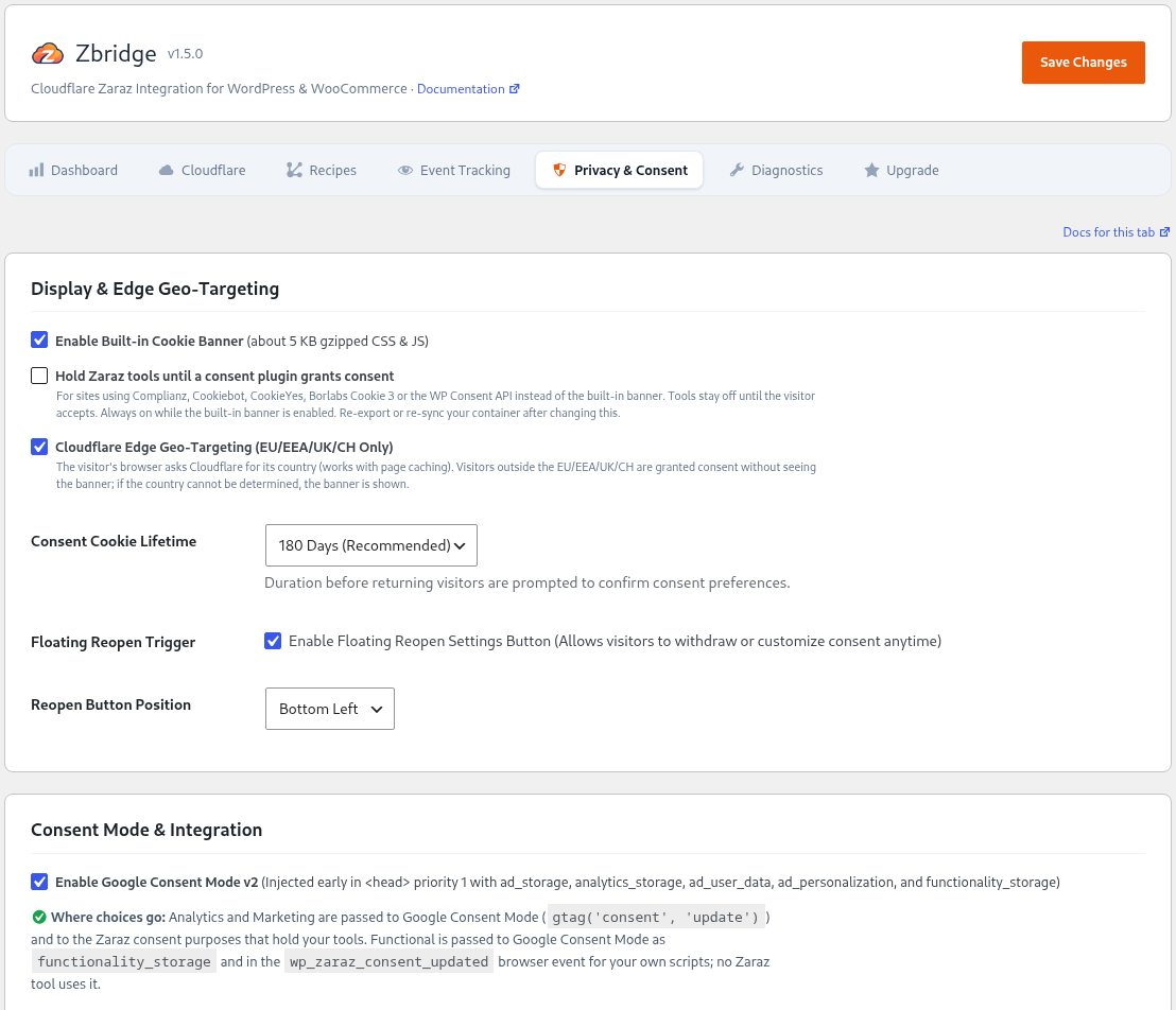 Privacy & Consent: cookie banner, EU-only targeting, consent plugin support and Google Consent Mode v2.