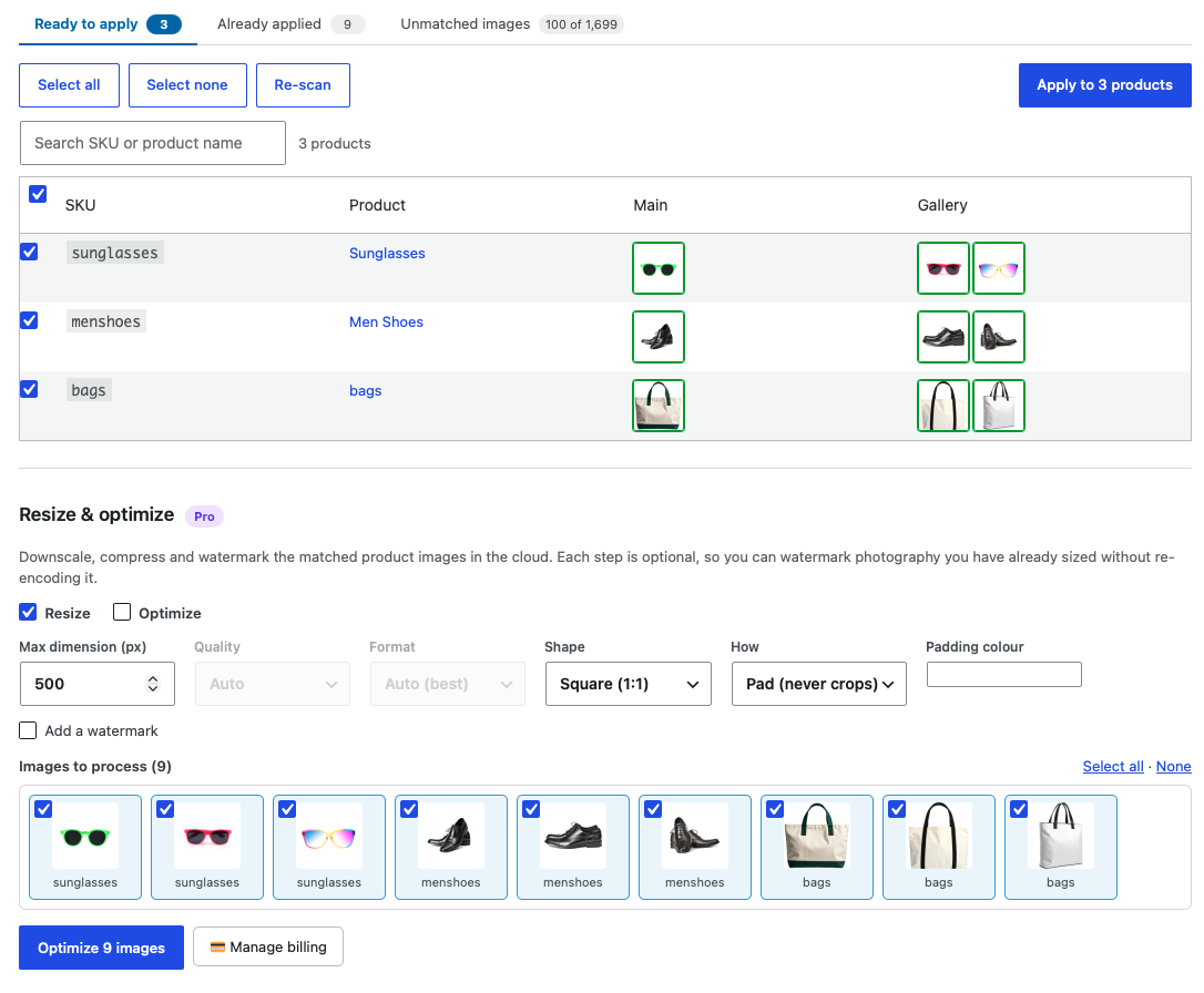 Every proposed match shown with thumbnails before anything is written, split into ready to apply, already applied, and unmatched. Optional cloud resize, aspect and watermark sit below.