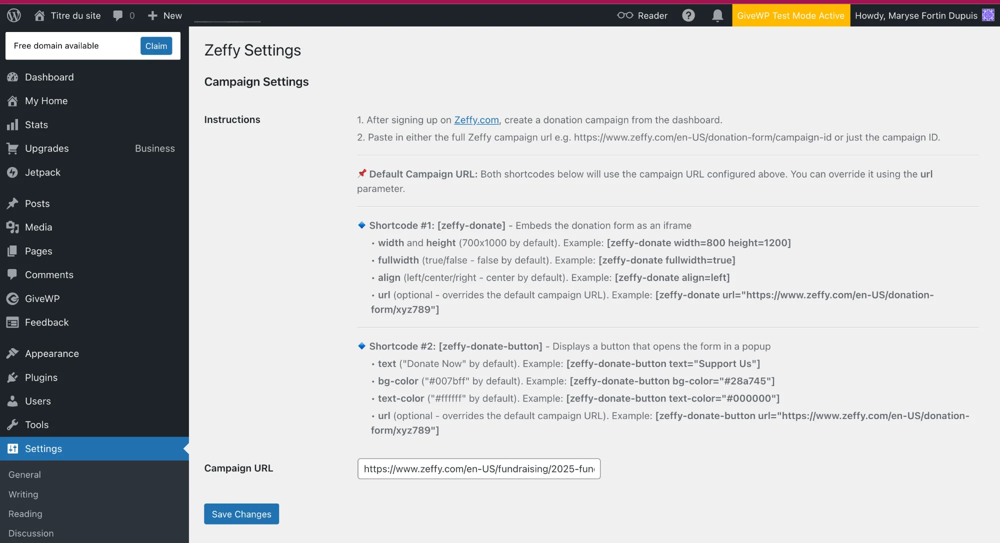 Plugin settings page — configure your Zeffy campaign URL and view shortcode instructions