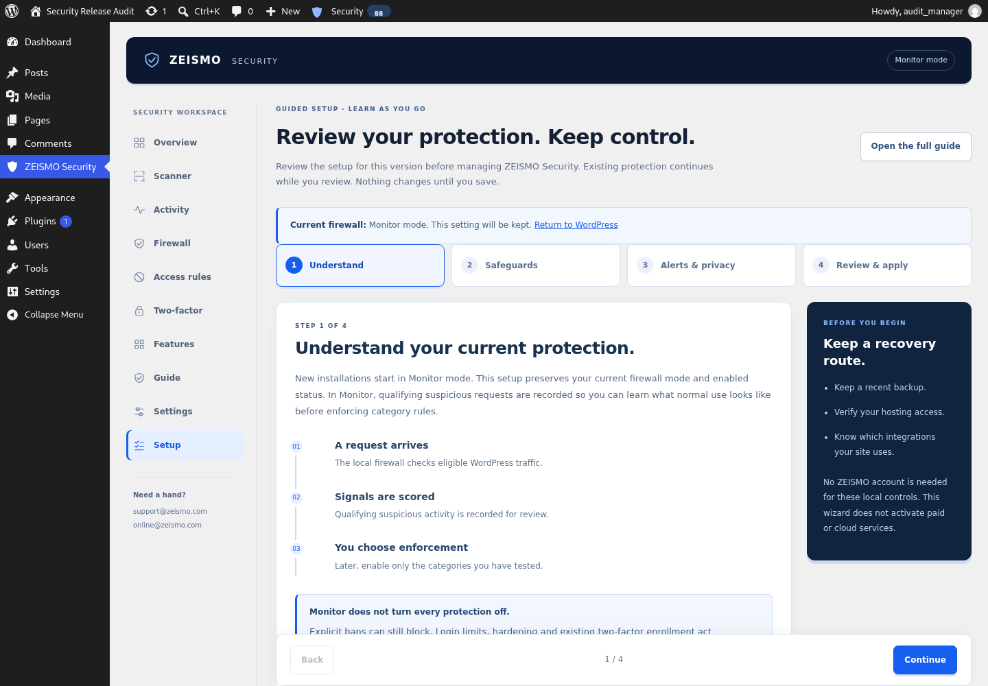 Four-step guided setup with current protection preserved.