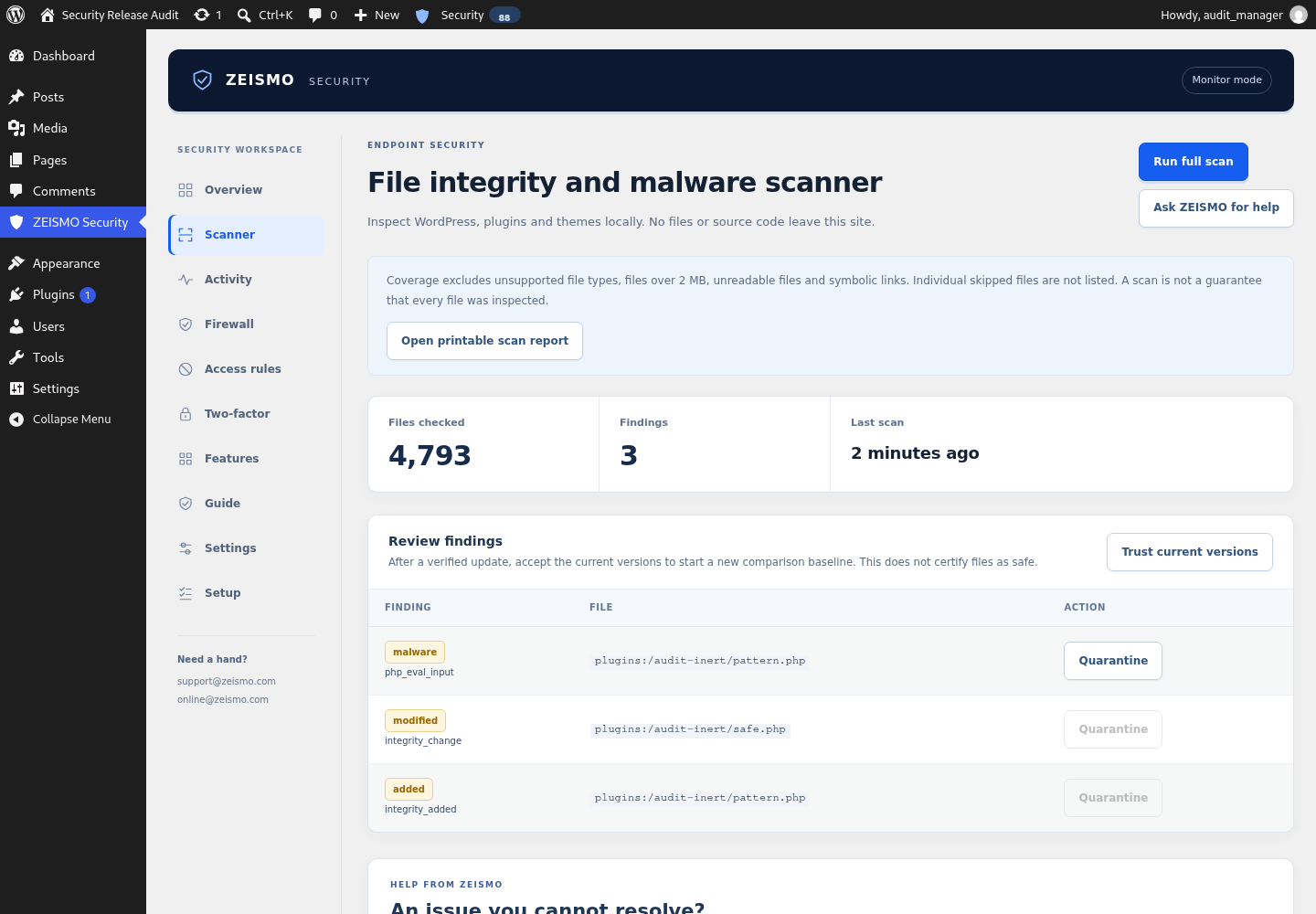 Local scanner with file findings, coverage and safe review actions.