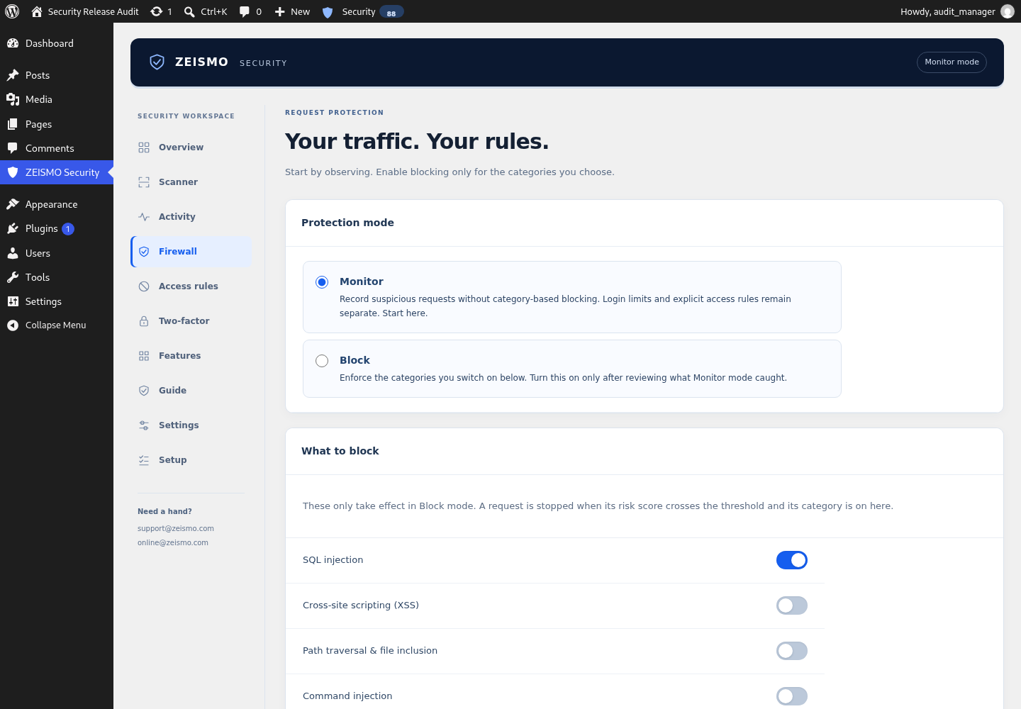 Firewall monitoring, category choices and enforcement threshold.