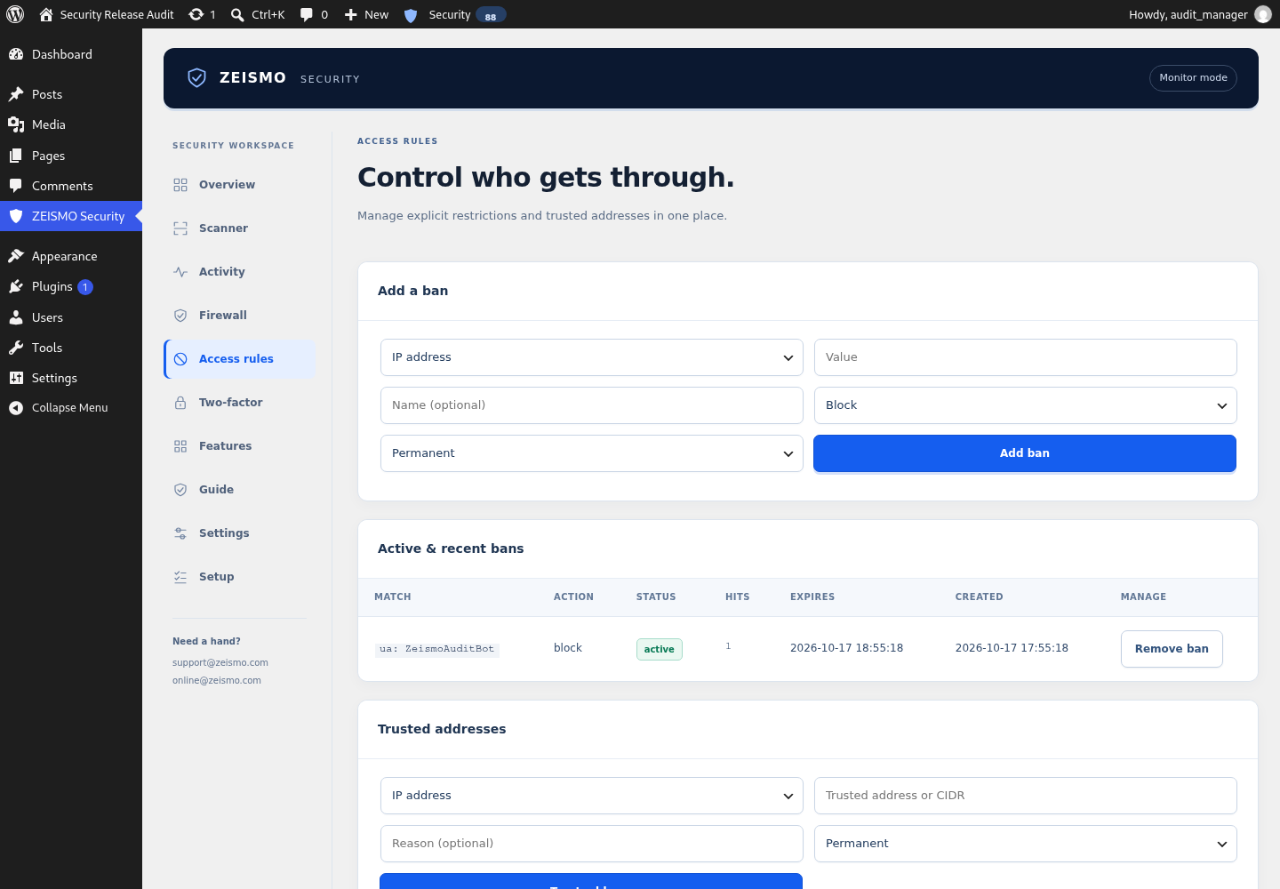 Access rules with confirmed removal of bans and trusted addresses.