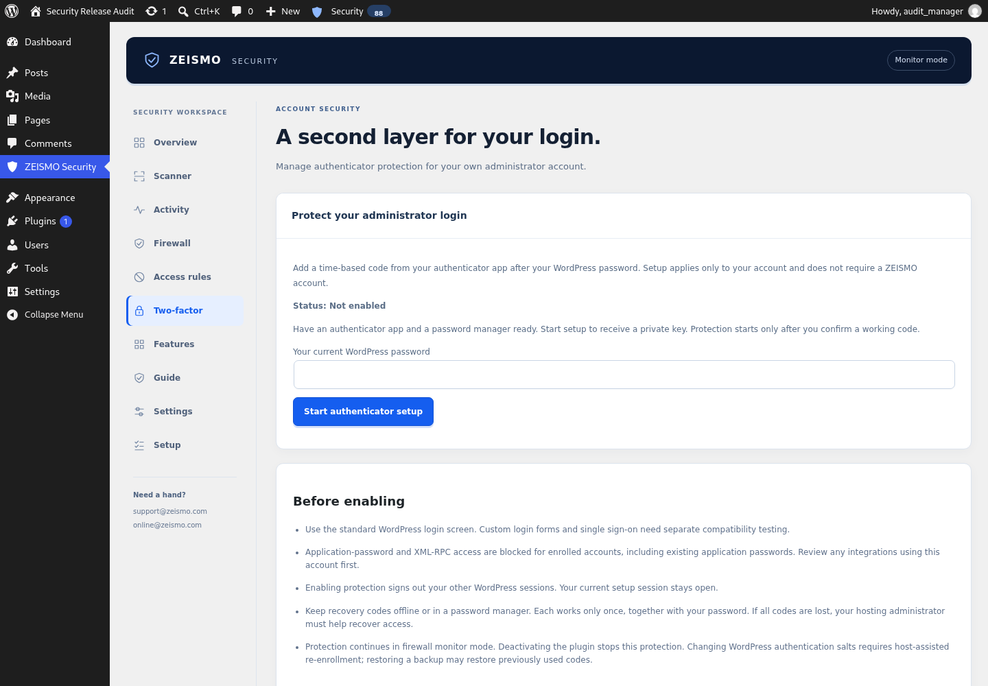 Optional authenticator enrollment and recovery management.