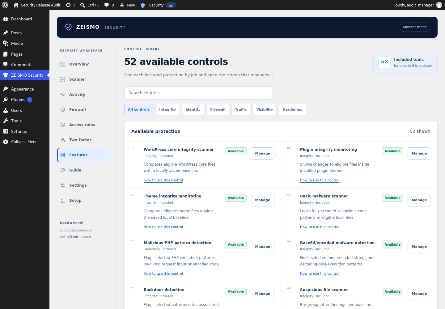 Included features with working management and help links.