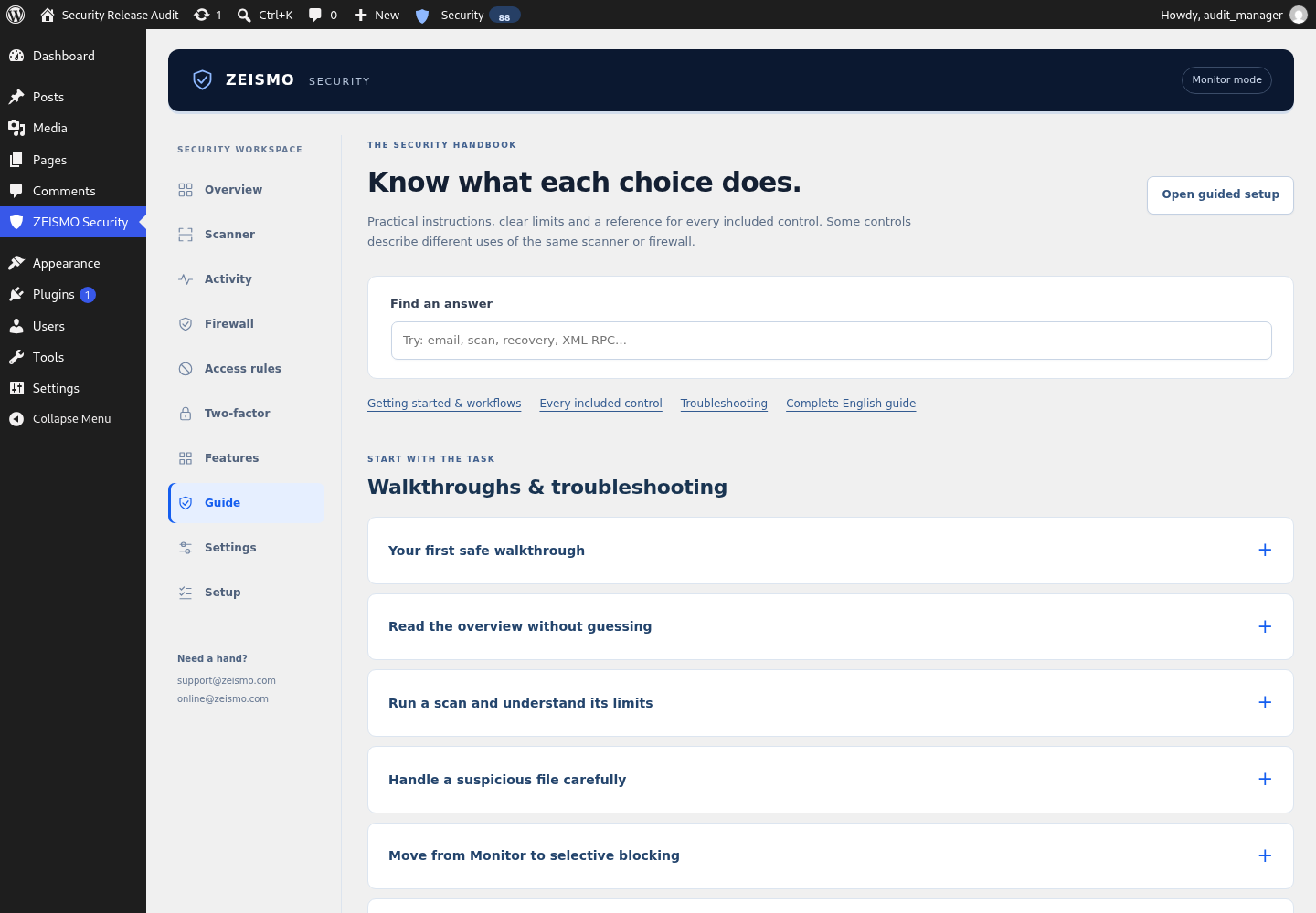 Searchable feature guide and English handbook access.