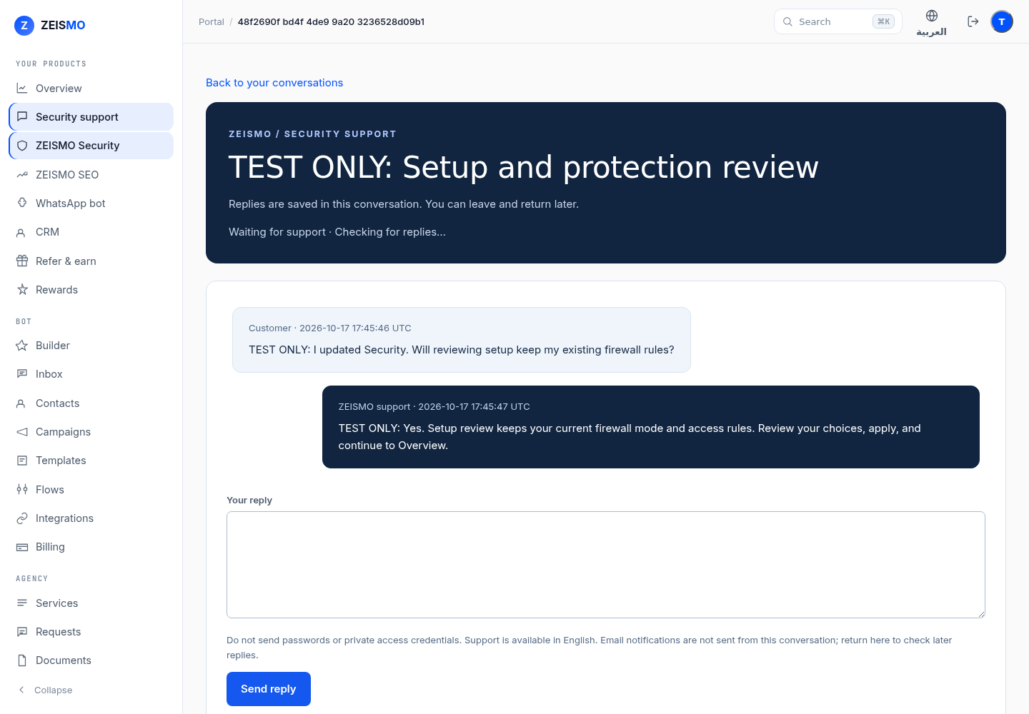 Account-backed ZEISMO support conversation with saved replies, separate from the WordPress dashboard.