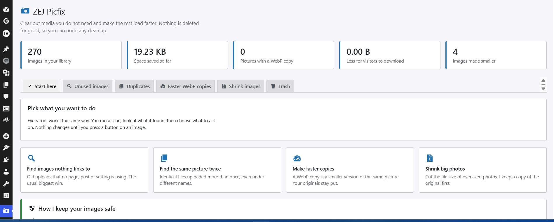 The main screen: how many images you have, how much space you have recovered, and the tools to pick from.
