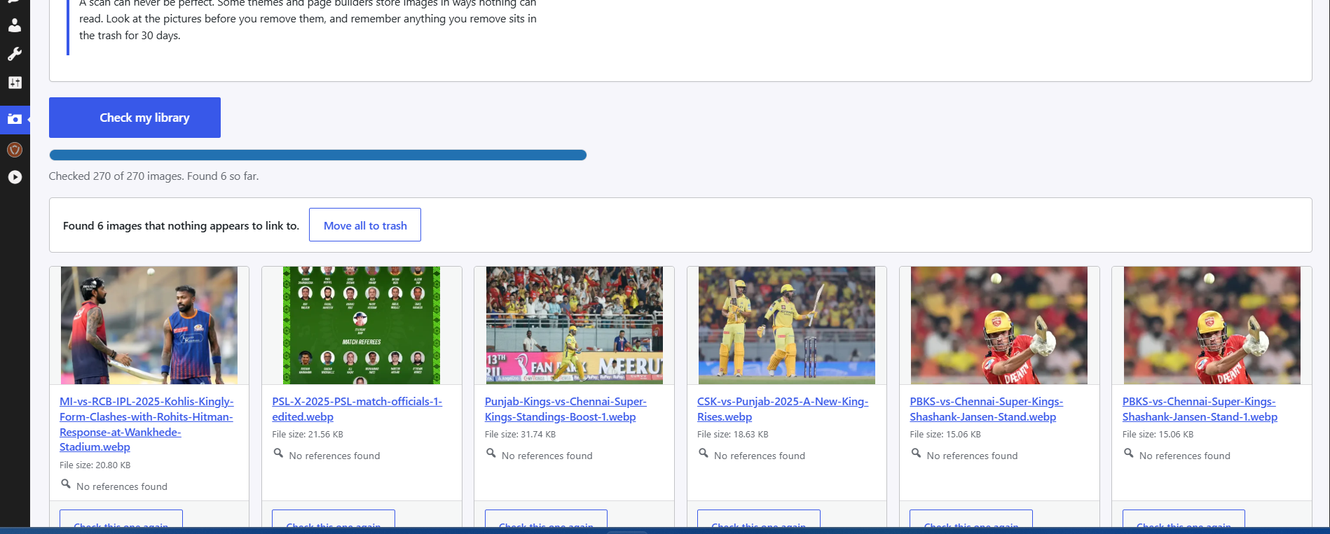 Unused results: every image shown with its thumbnail and file size, so you can look before you touch anything.