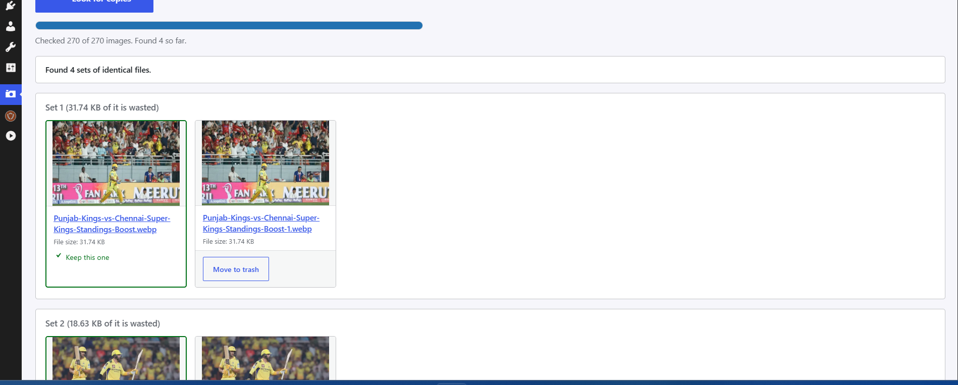 Duplicate results, matched on file contents so renamed copies are caught too.