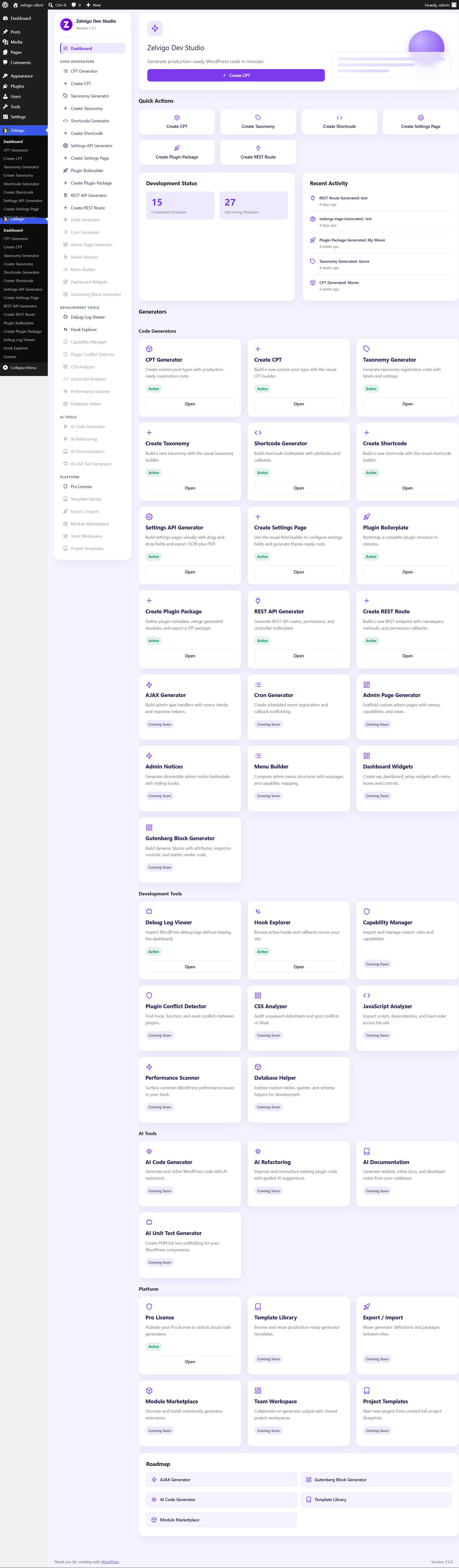 Dashboard — free CPT, taxonomy, Hook Explorer, and Debug Log tools with Pro feature preview