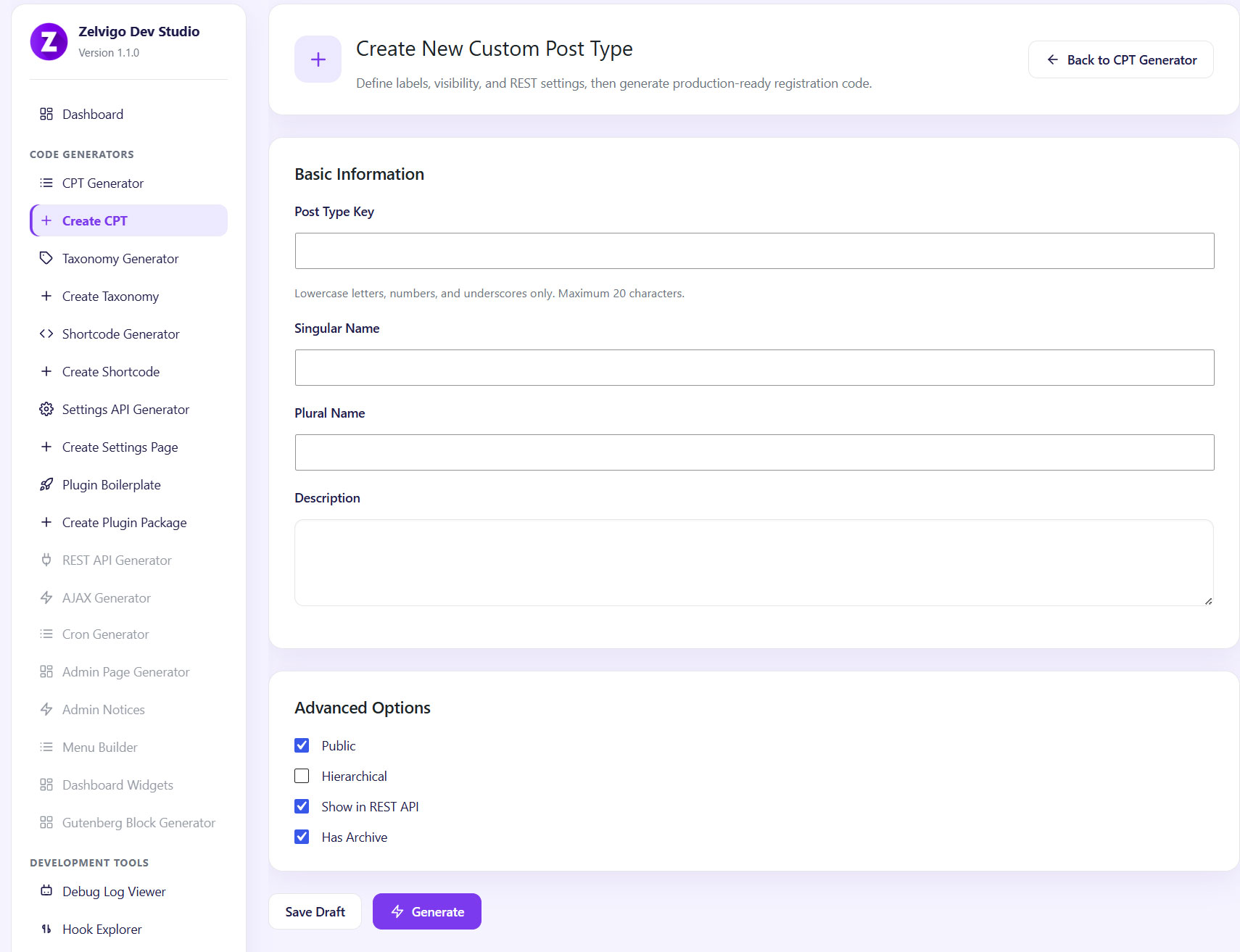 CPT Generator — visual custom post type builder with code preview