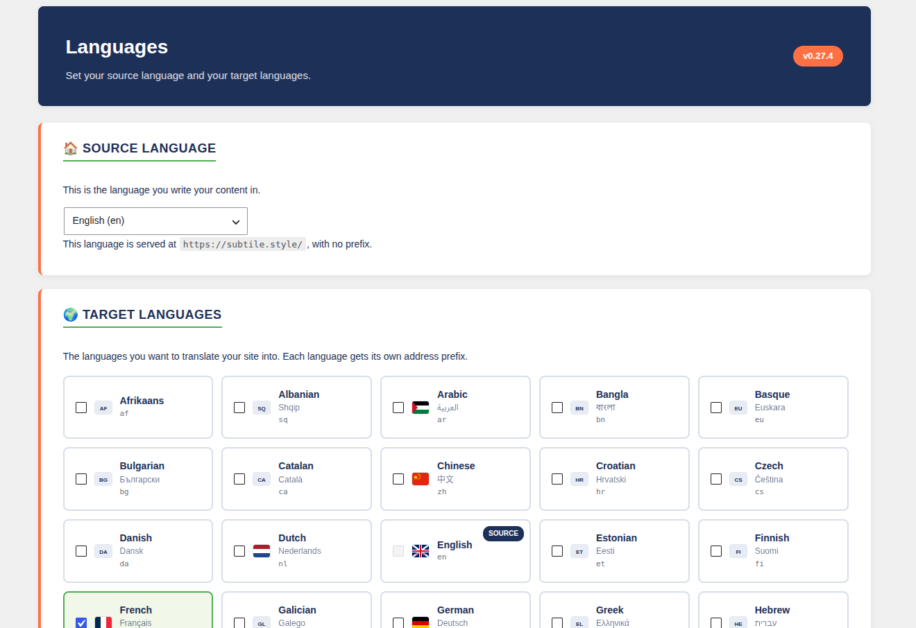 Selecting languages