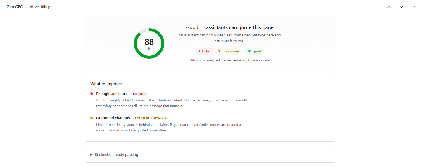 The GEO analyzer in the editor, with a score and a specific instruction for every failing check.