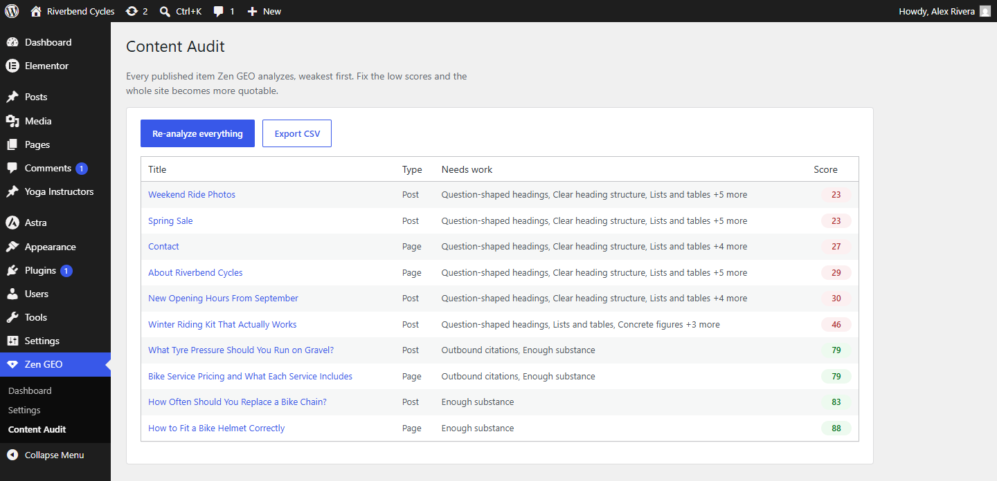 The site-wide content audit, weakest pages first, with CSV export.