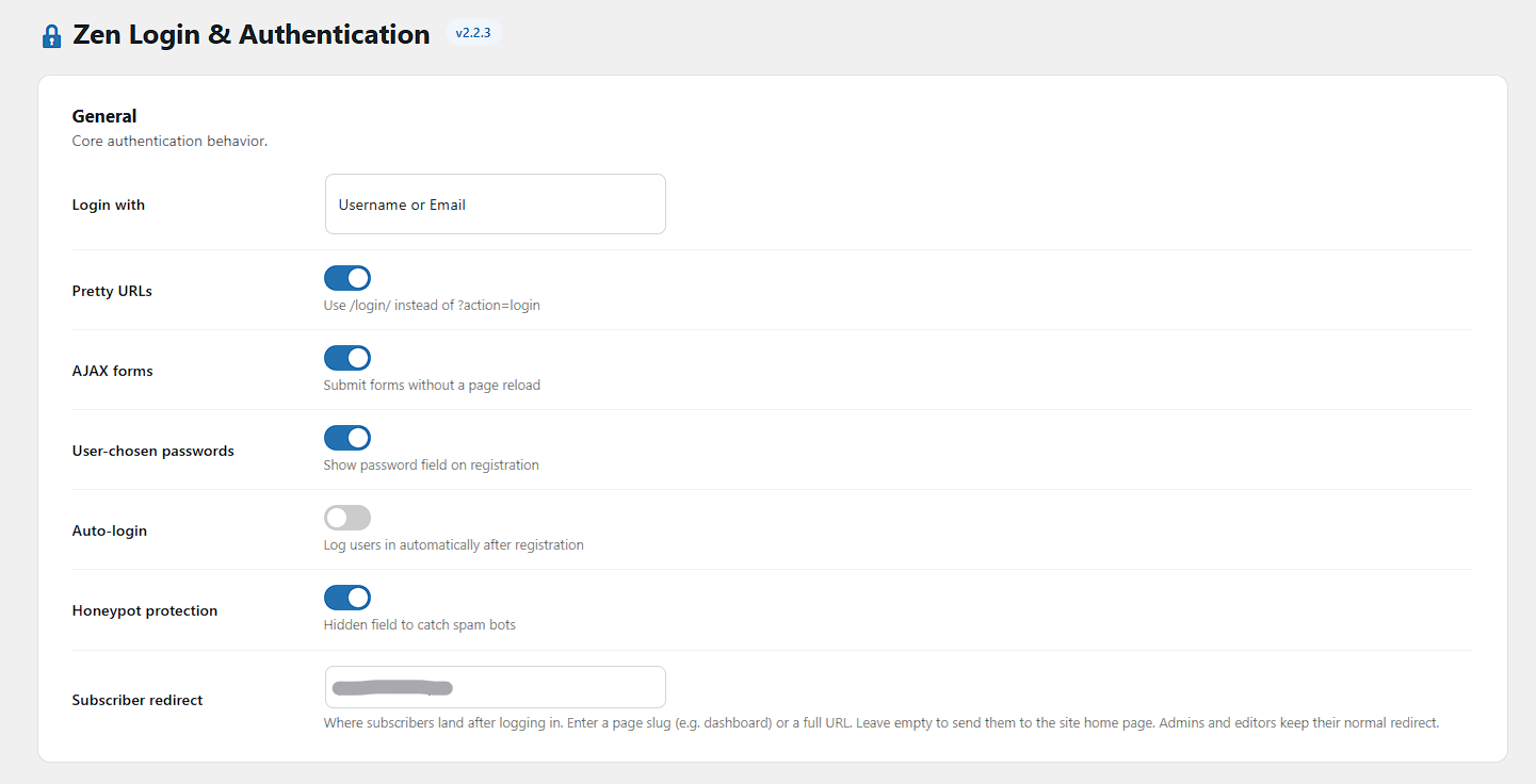 Settings — General: login identifier, pretty URLs, AJAX submission, user-chosen passwords, auto-login after registration, honeypot, and the subscriber redirect.