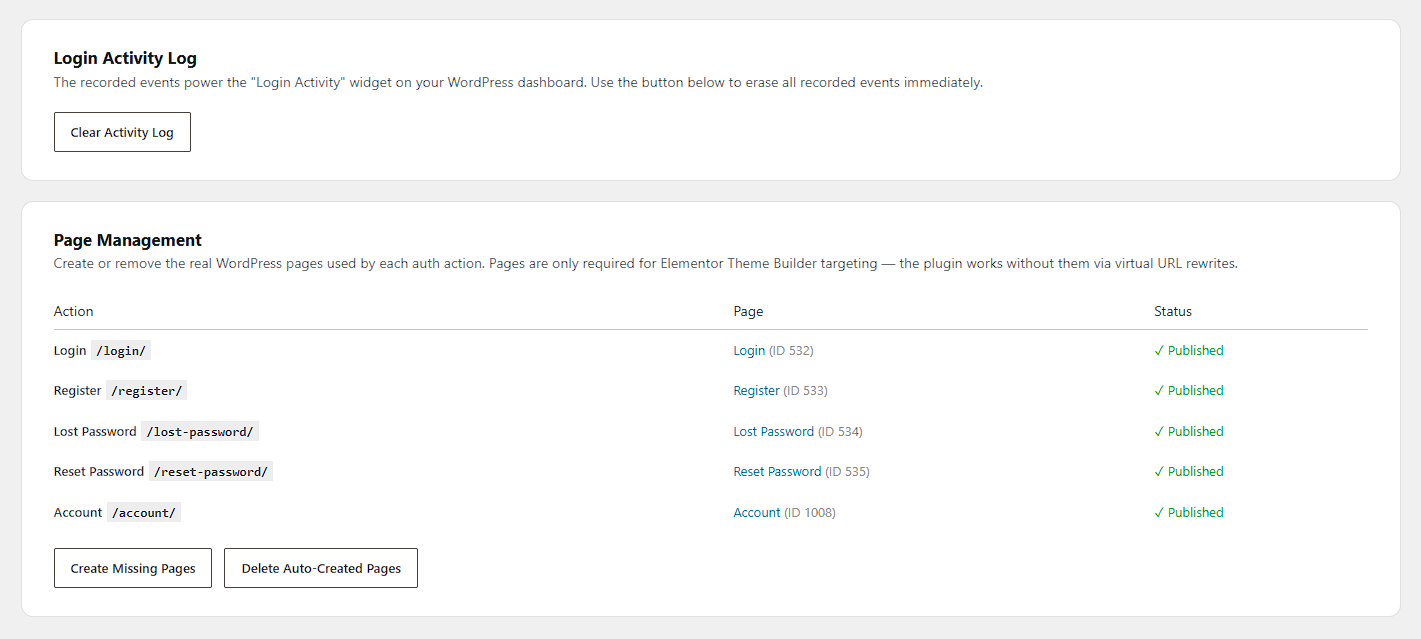 Settings — Tools: clear the activity log and manage auth pages (view status, create missing pages, or delete auto-created pages).