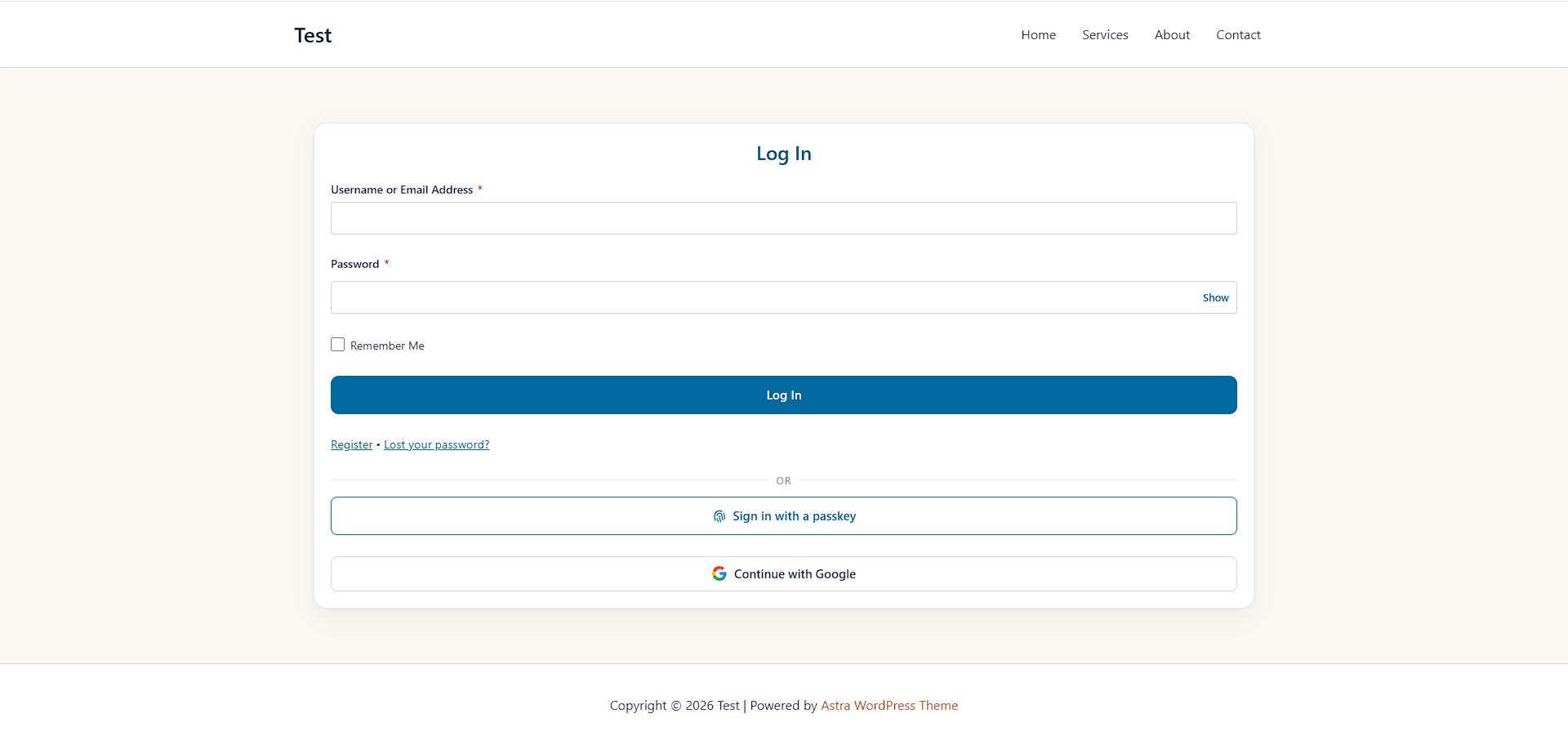 Front end — Log In form on a live page: username or email and password (with a Show/Hide toggle), Remember Me, the Log In button, and Register / Lost-password links — then, below the "or" divider, the "Sign in with a passkey" and "Continue with Google" buttons.
