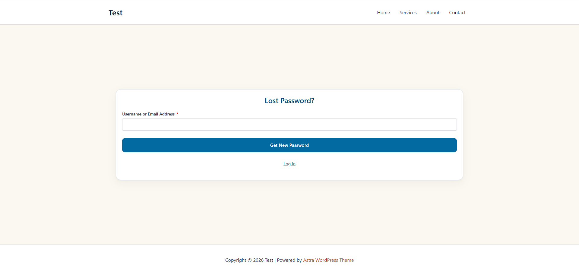 Front end — Lost Password form: request a reset link by username or email address, with a Log In link back to sign-in.