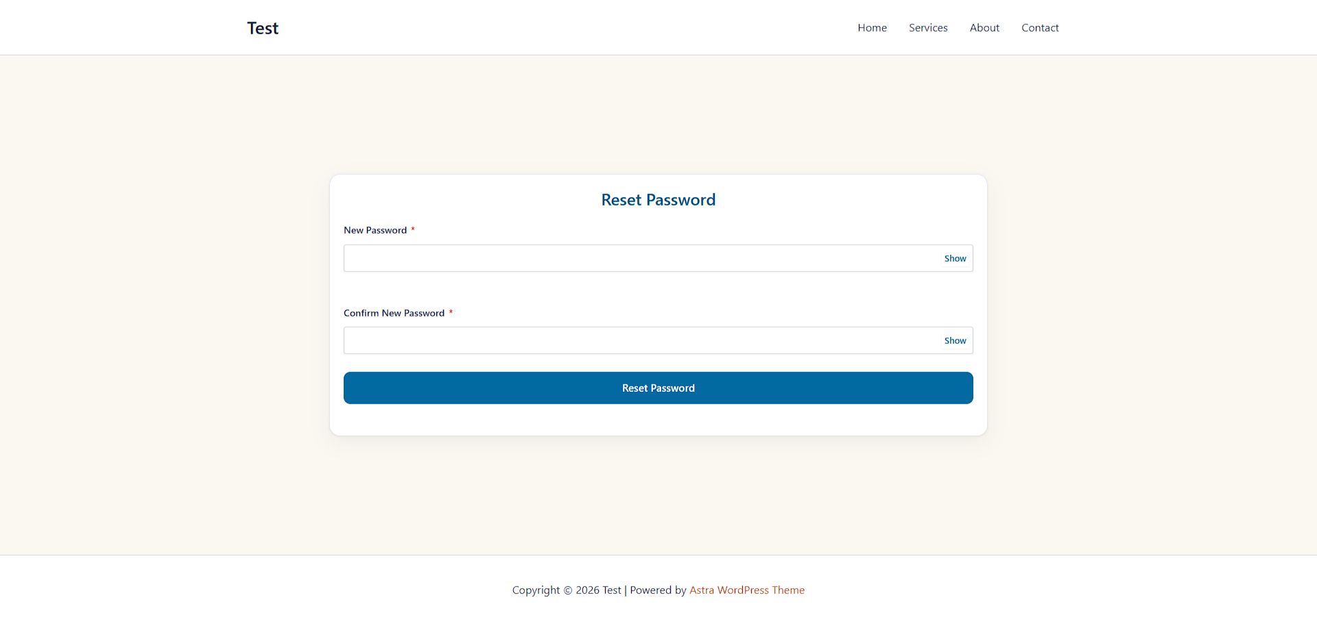 Front end — Reset Password form: choose and confirm a new password (with Show/Hide toggles) from the emailed reset link.
