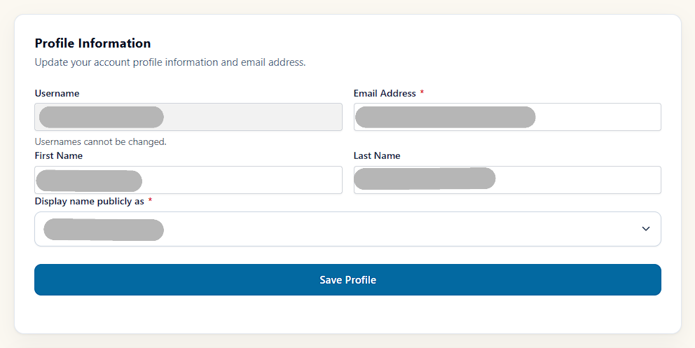 Front end — Account page, Profile Information: update first and last name, email address, and public display name; the username is shown read-only. Save Profile applies the changes.