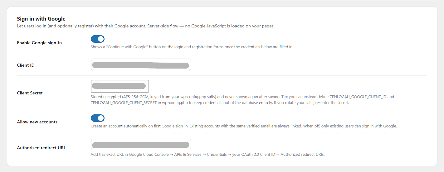 Settings — Sign in with Google: enable the feature, add your Client ID and Secret (stored encrypted), choose whether new accounts are created automatically, and copy the authorized redirect URI for Google Cloud Console.