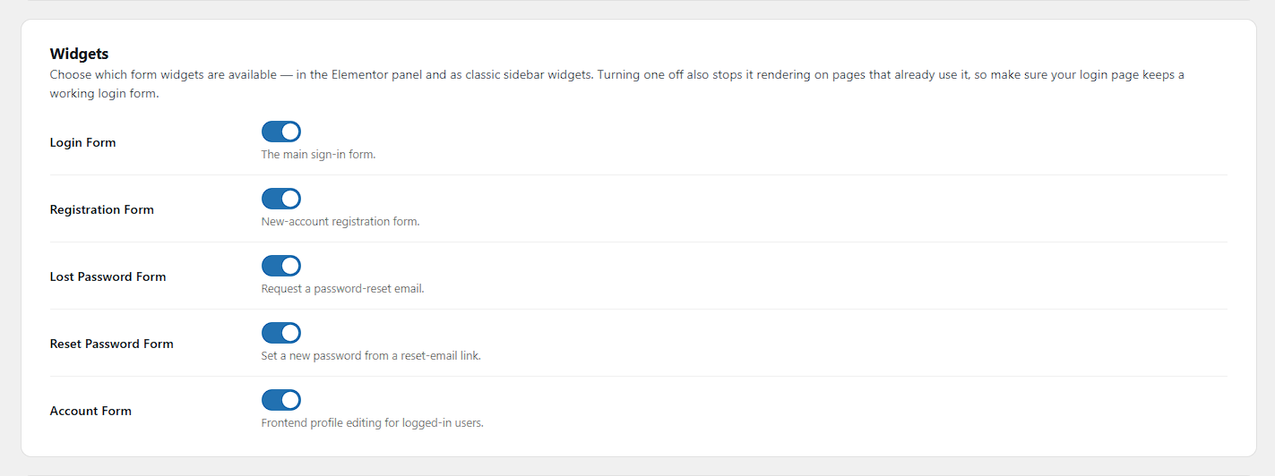 Settings — Widgets: enable or disable each form widget (Login, Registration, Lost Password, Reset Password, Account) for the Elementor panel and classic widget areas.