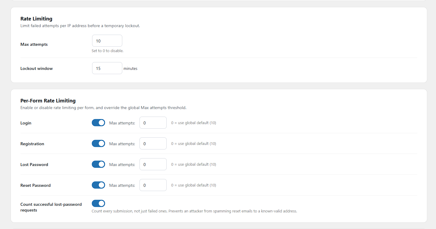 Settings — Rate Limiting: global max attempts and lockout window, plus per-form enable/disable and threshold overrides for Login, Registration, Lost Password, and Reset Password.