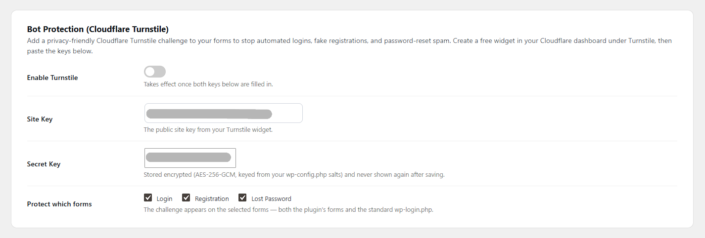 Settings — Bot Protection (Cloudflare Turnstile): enable the challenge, add your Site Key and Secret Key, and choose which forms are protected.