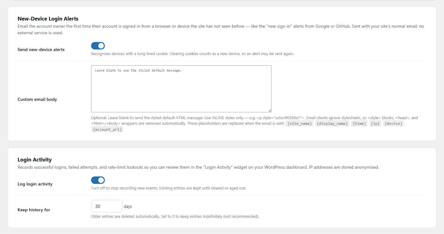 Settings — New-Device Login Alerts and Login Activity: configure new-device email alerts with an optional custom body, and set the activity-log retention window.
