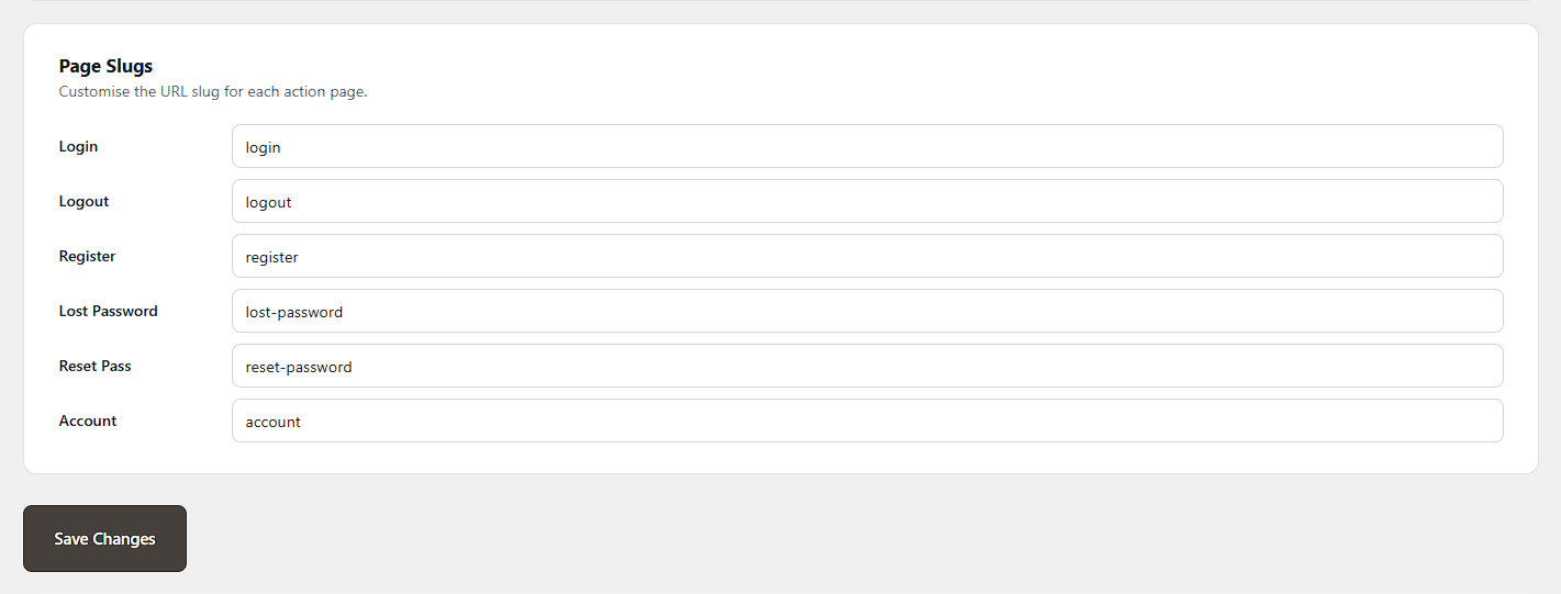 Settings — Page Slugs: customise the URL slug for each auth action (Login, Logout, Register, Lost Password, Reset Pass, Account).