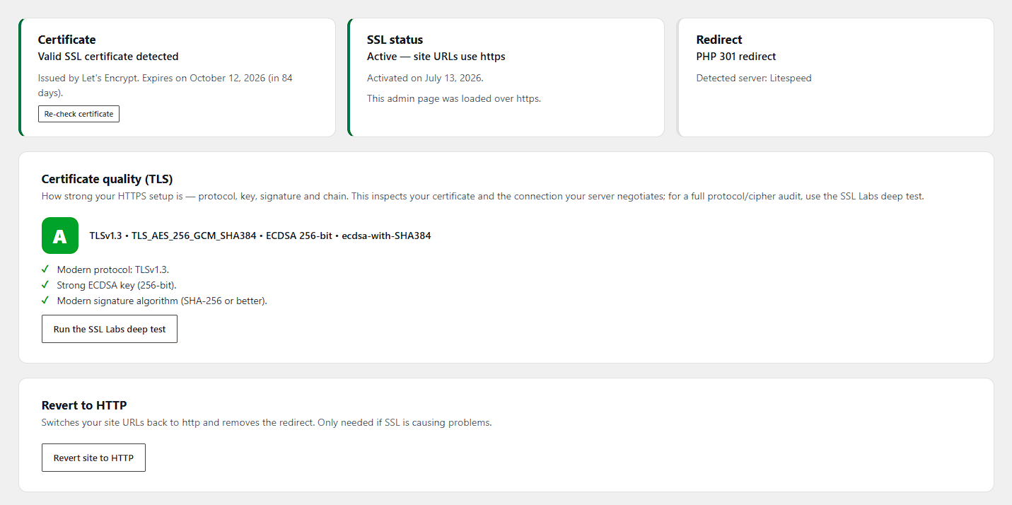 One-click SSL activation: certificate status, active-SSL and redirect cards, and a live TLS quality grade (A) that inspects your protocol, key, signature and chain.