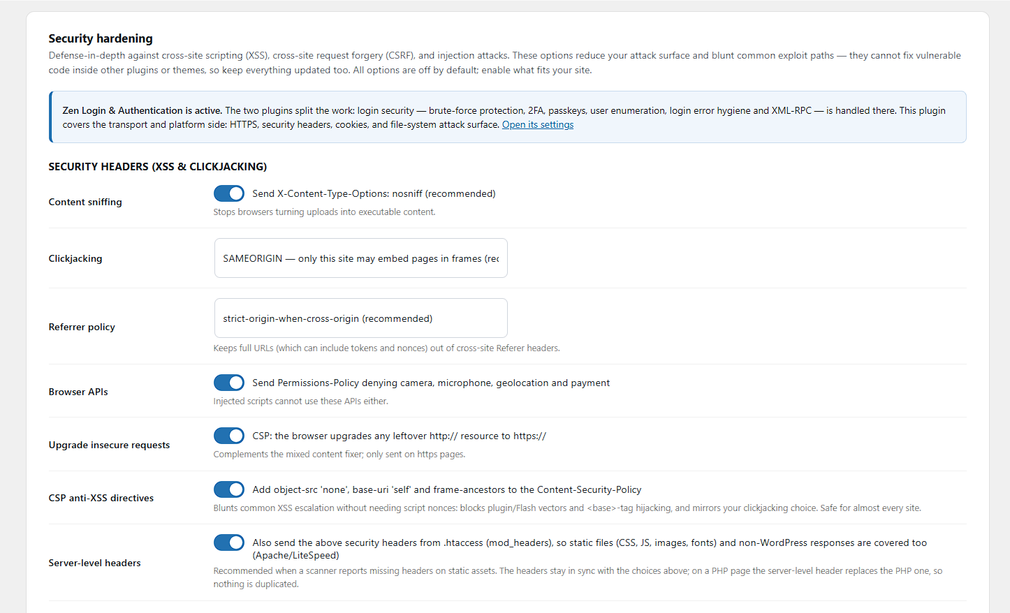 Security headers — X-Content-Type-Options, X-Frame-Options, Referrer-Policy, Permissions-Policy and CSP — with optional server-level (.htaccess) delivery so static files are covered too. Sibling-aware when Zen Login & Authentication is active.