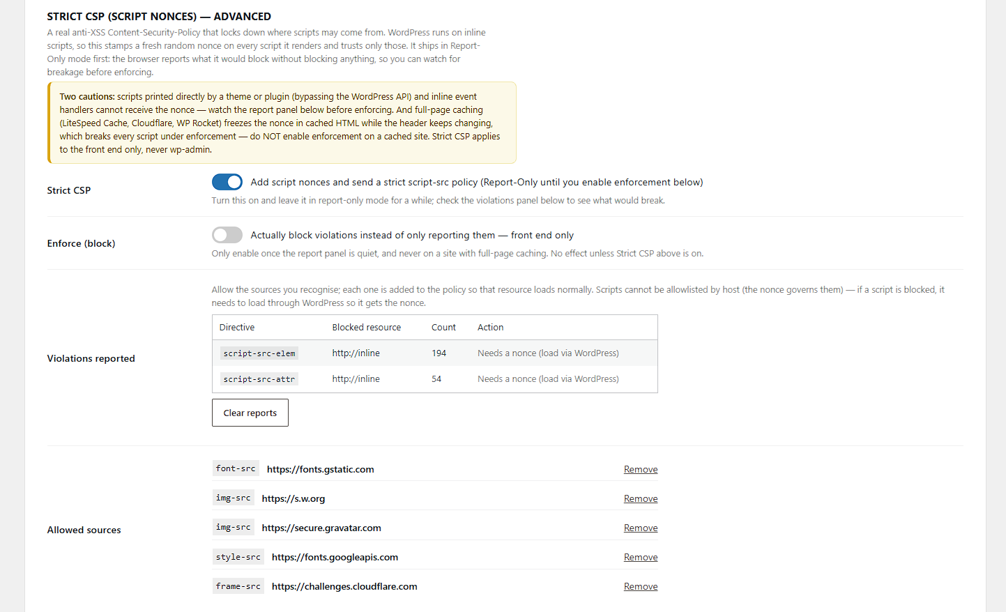 Strict CSP with per-request script nonces — Report-Only by default, with a violations panel and one-click allowlisting of the sources you recognise.