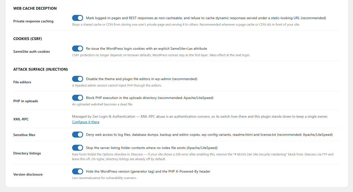 Attack-surface hardening: web cache deception protection, SameSite login cookies, disabled file editors, blocked PHP execution in uploads, sensitive-file and directory-listing rules, and version hiding.