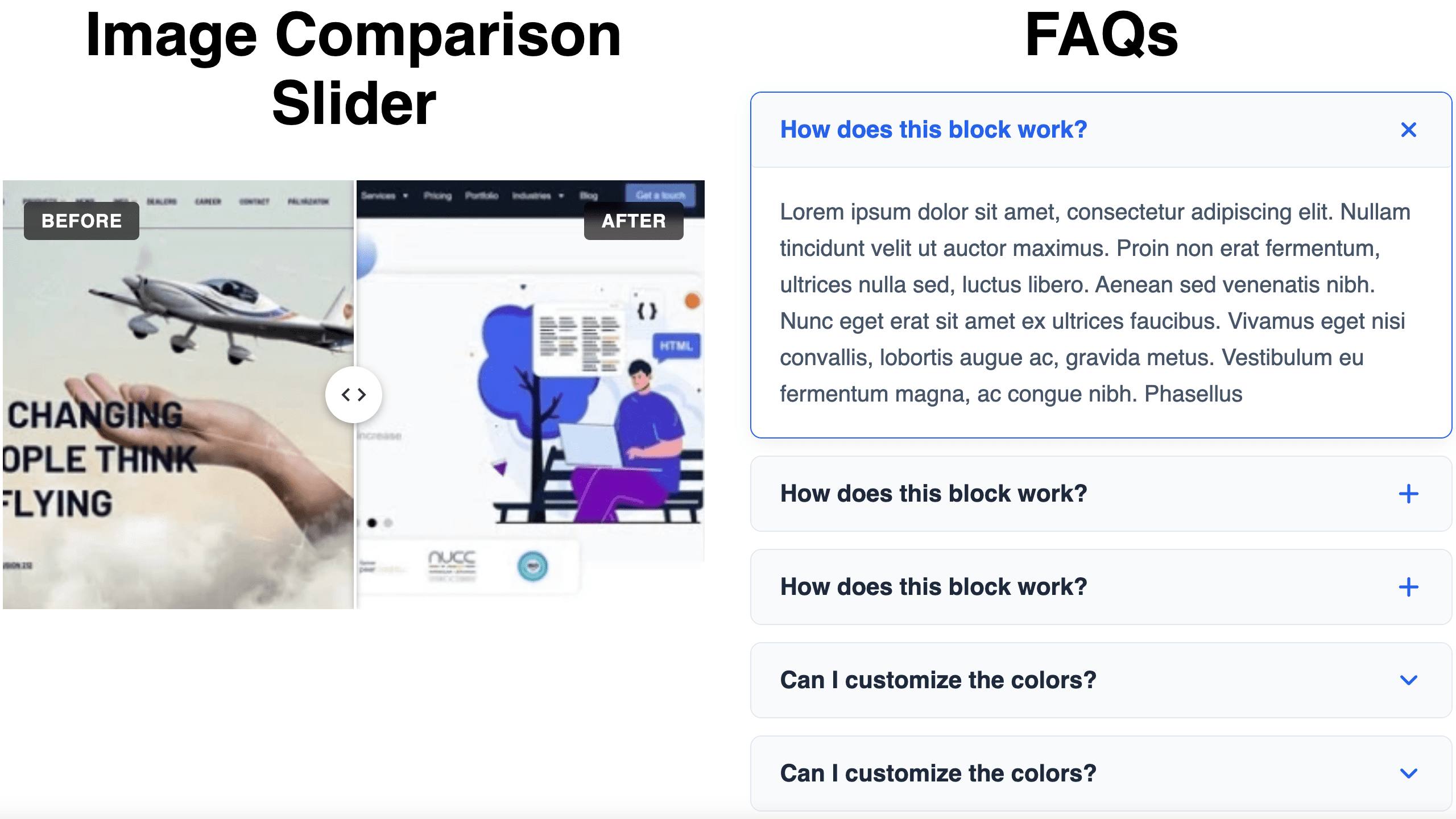 Frontend display of the Image Comparison slider and Accordion block.