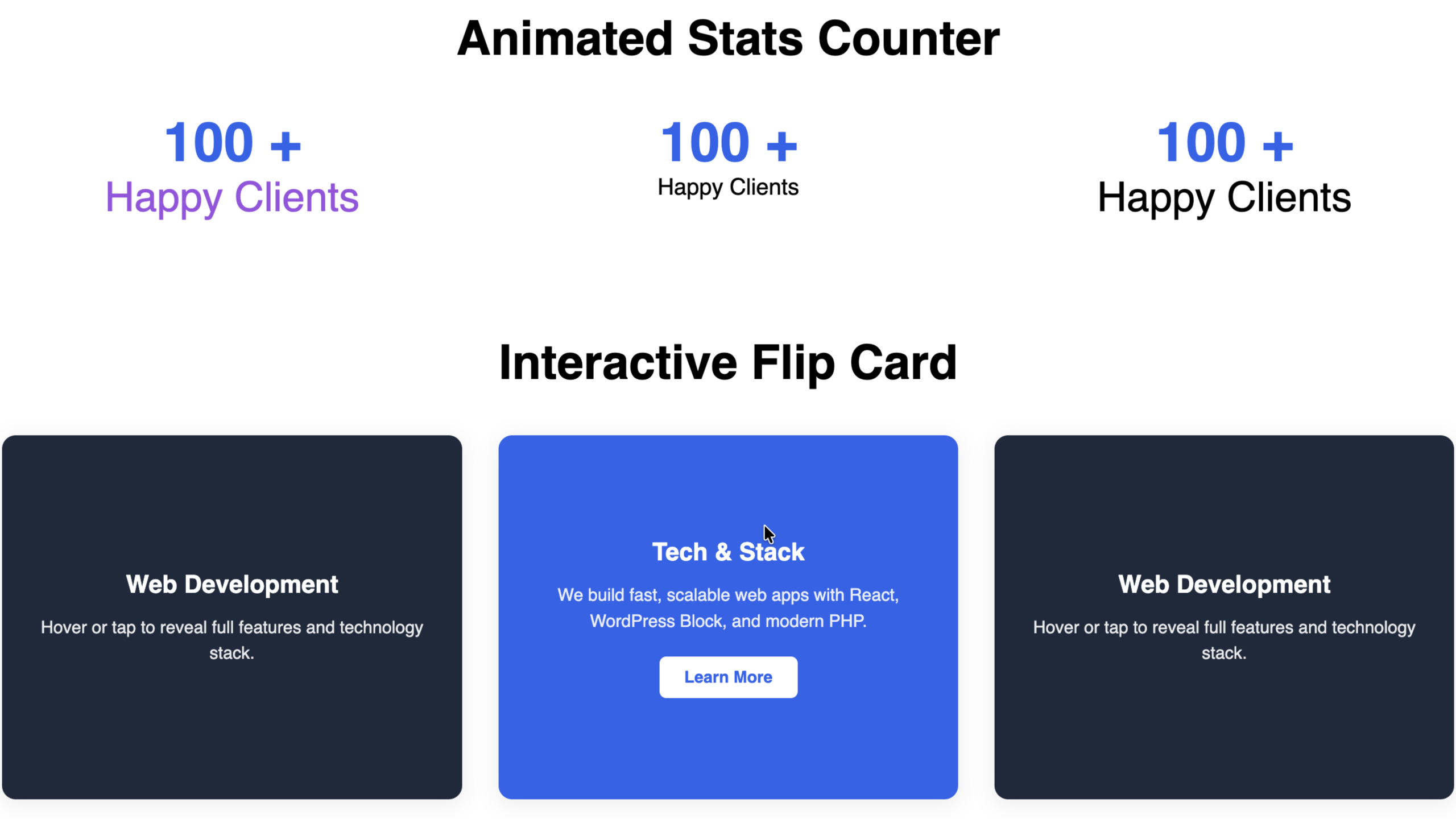 Live frontend view of the Animated Stats Counter and Interactive Flip Card.