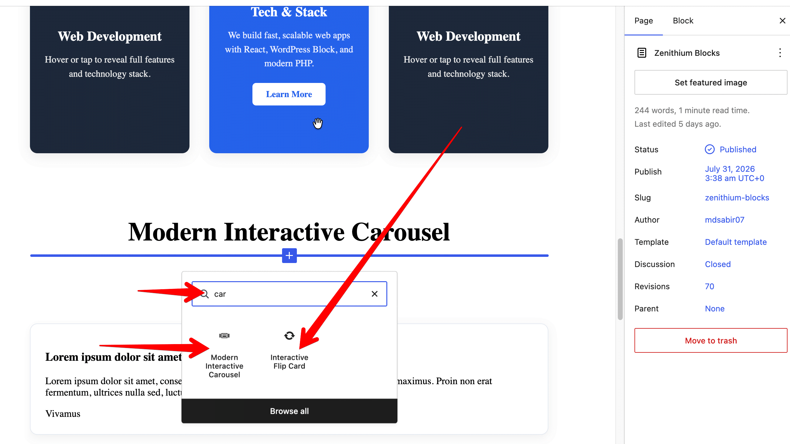 Quick block discovery via the WordPress Block Inserter panel.