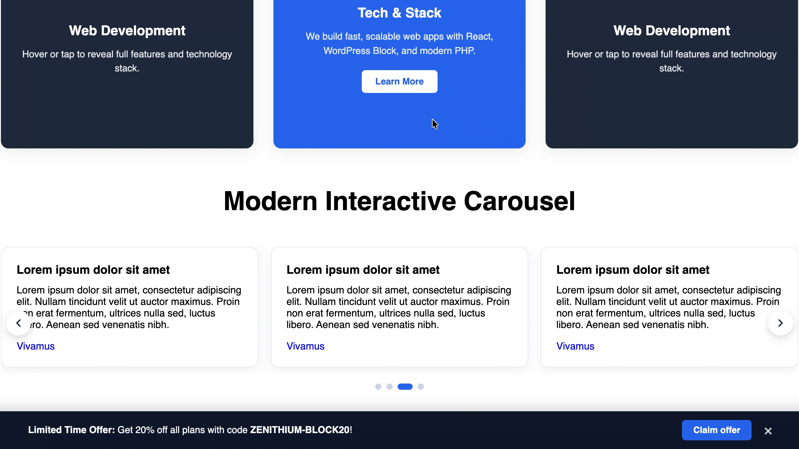 Frontend rendering of the Interactive Carousel and Sticky CTA Bar.