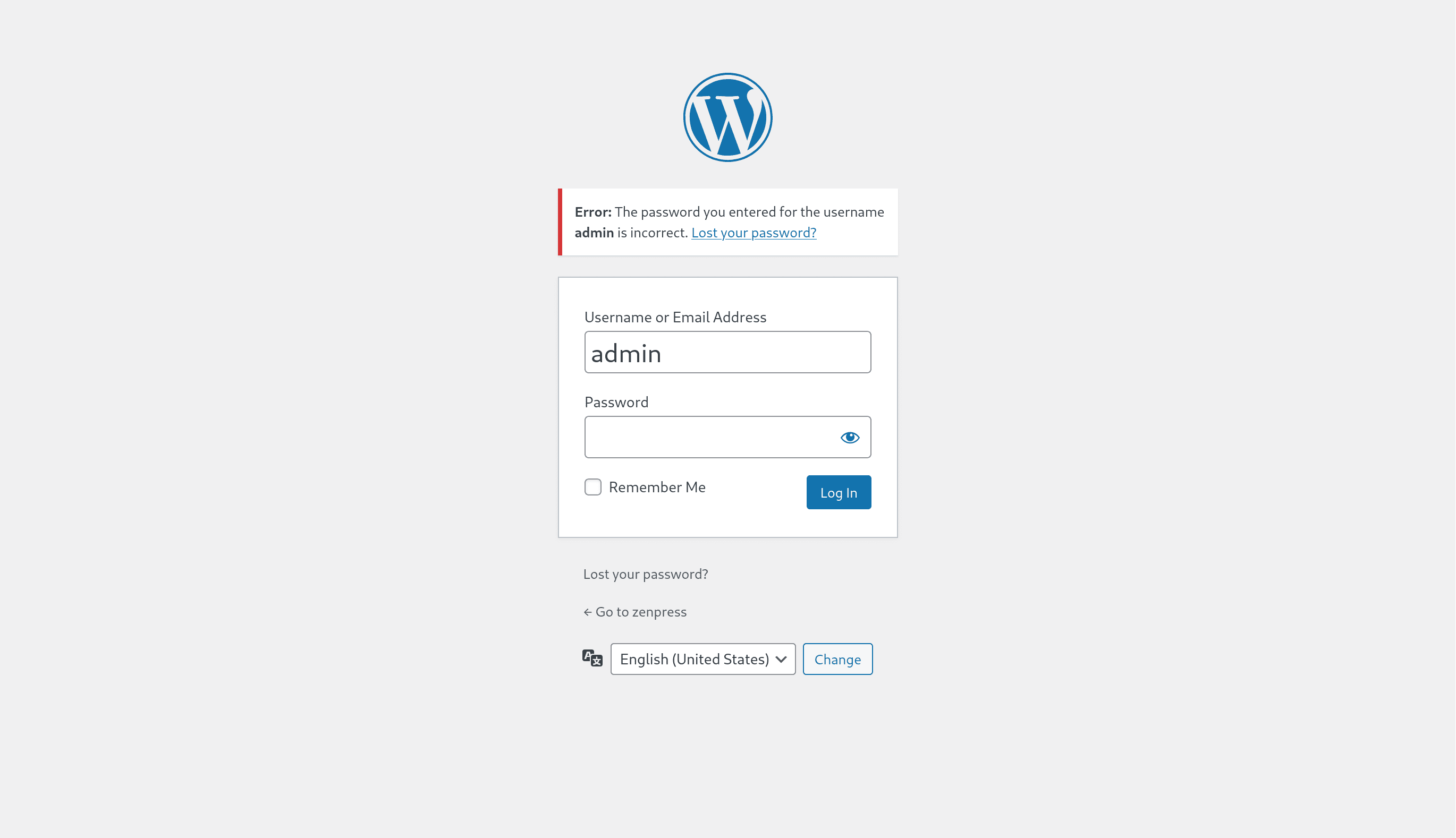 Login page without ZenPress login protection.