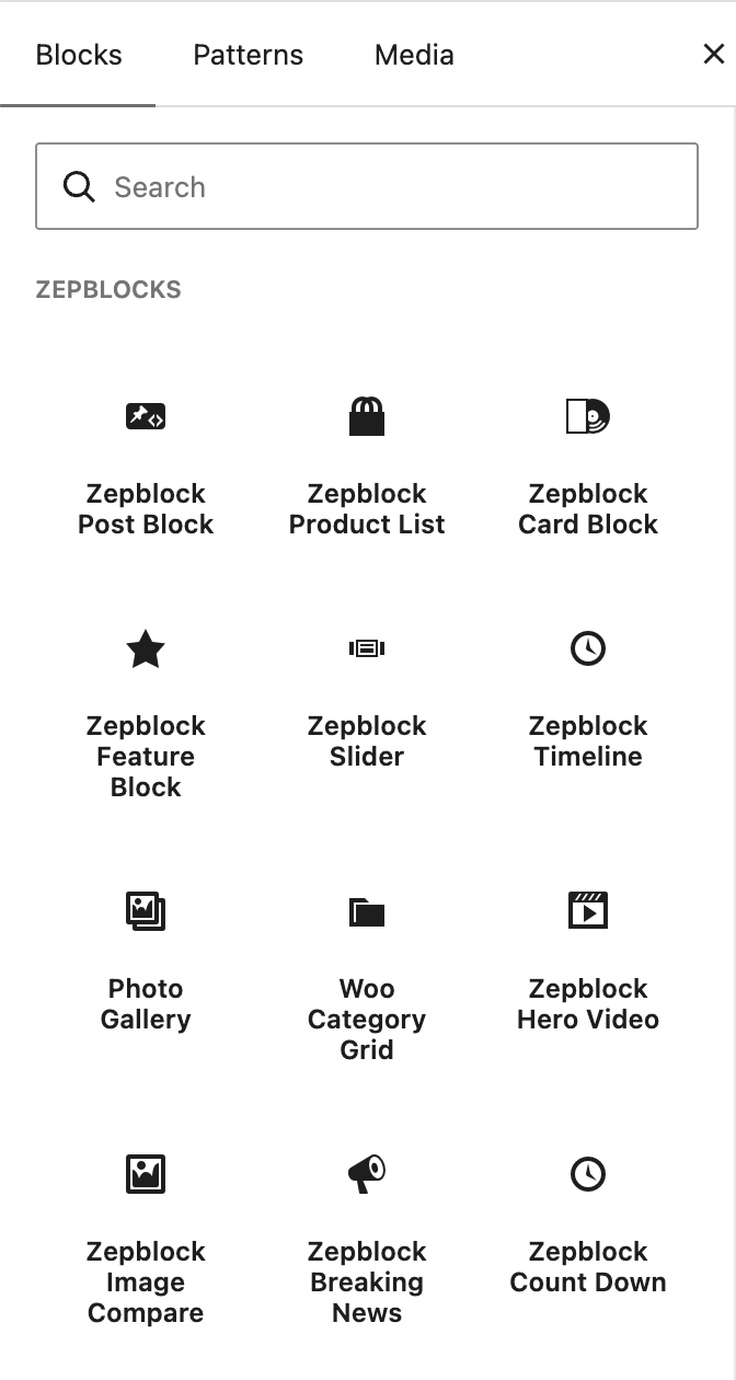 ZepBlocks full block library inside the Gutenberg editor