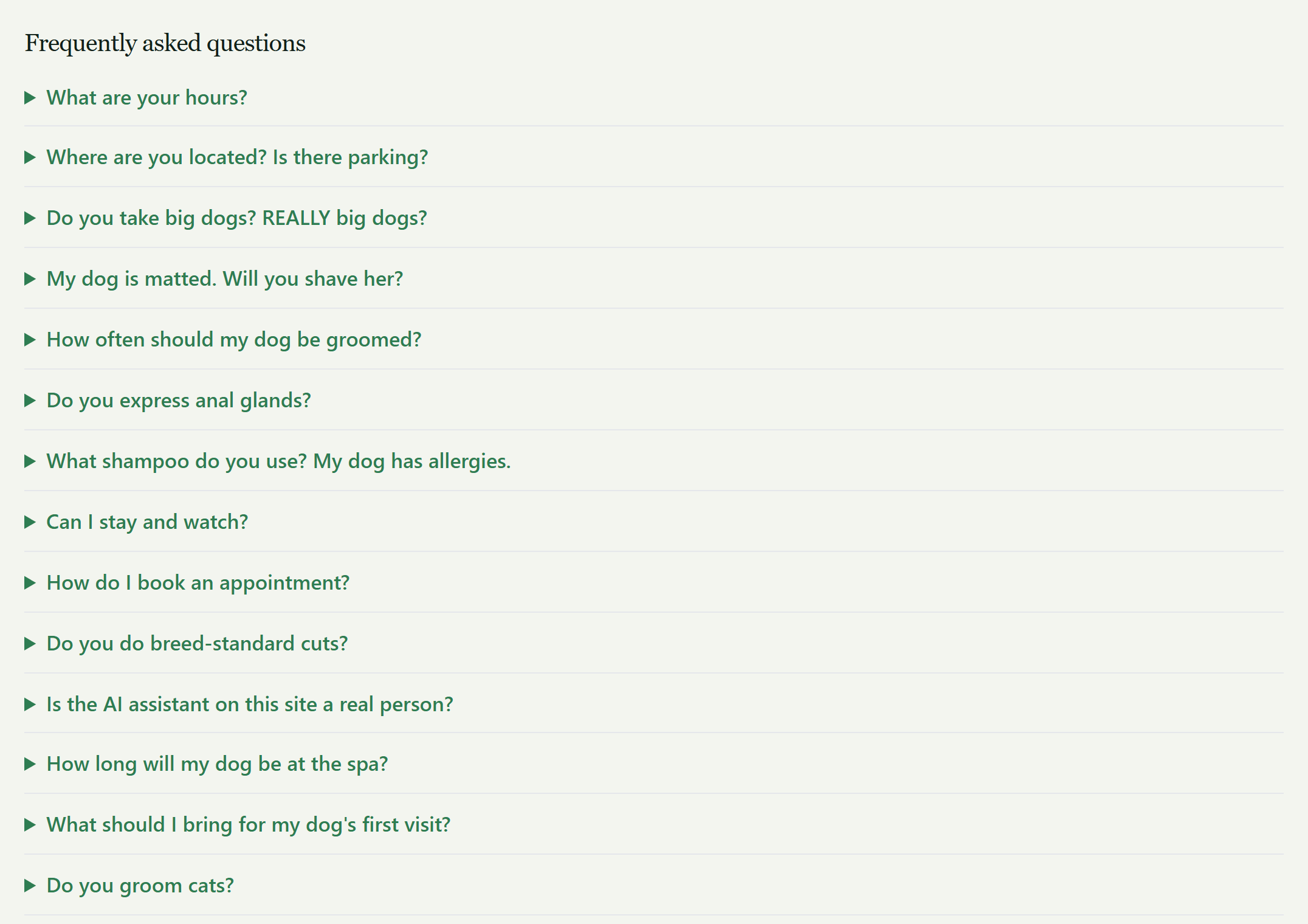 The FAQ block, server-rendered into the page with matching FAQPage structured data — readable by crawlers without JavaScript.