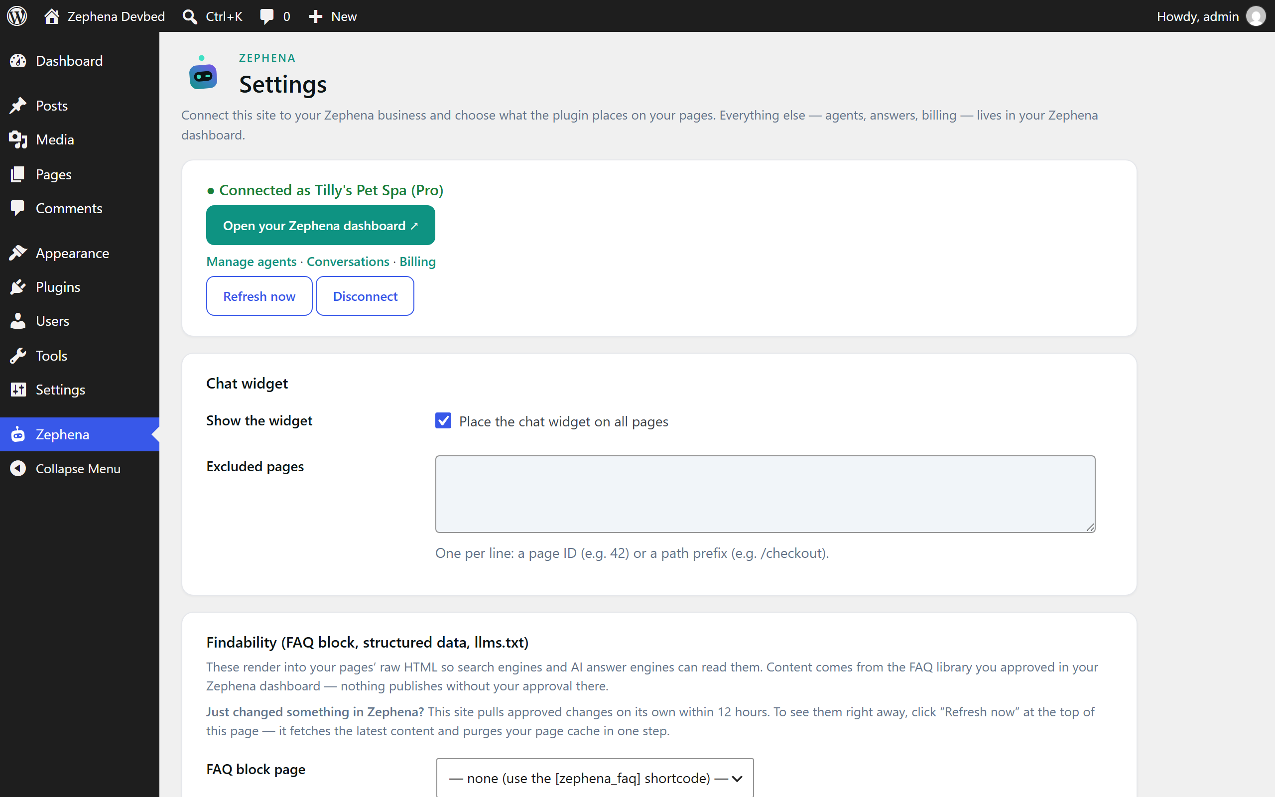 The Settings screen in WordPress admin: connection status with links into your Zephena dashboard, widget placement with per-page exclusions, and the findability options.