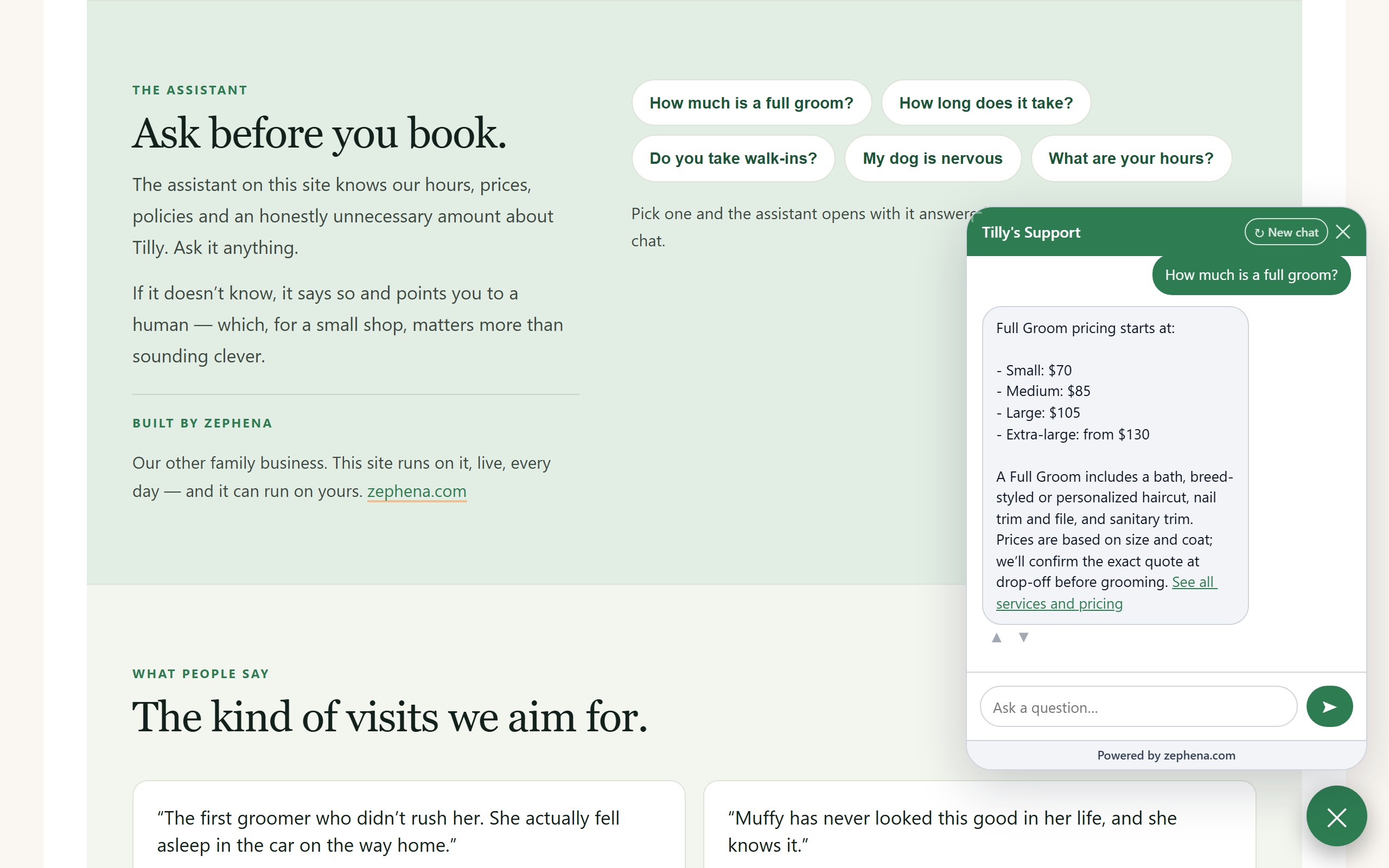 "Ask before you book": question buttons on the page open the assistant with the answer already there, through the widget's one-line page API — the answer comes from the business's own content.