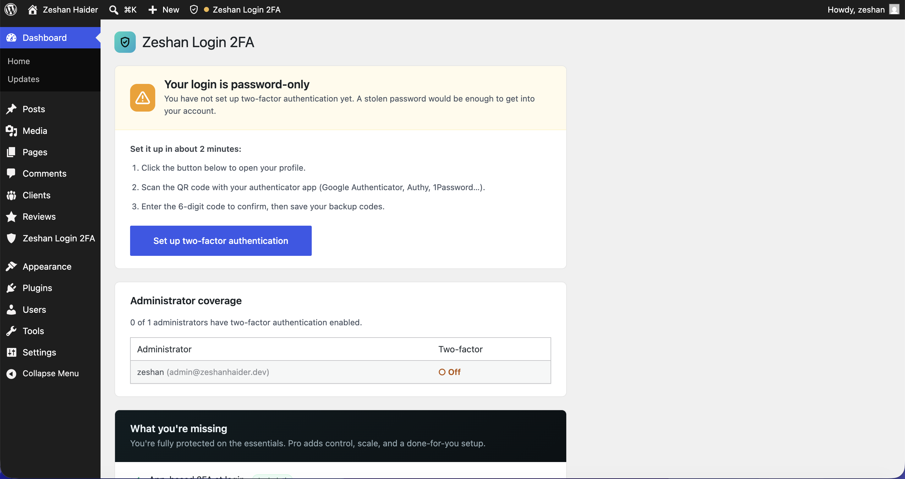 The status page shows which administrators have two-factor authentication enabled across your site.