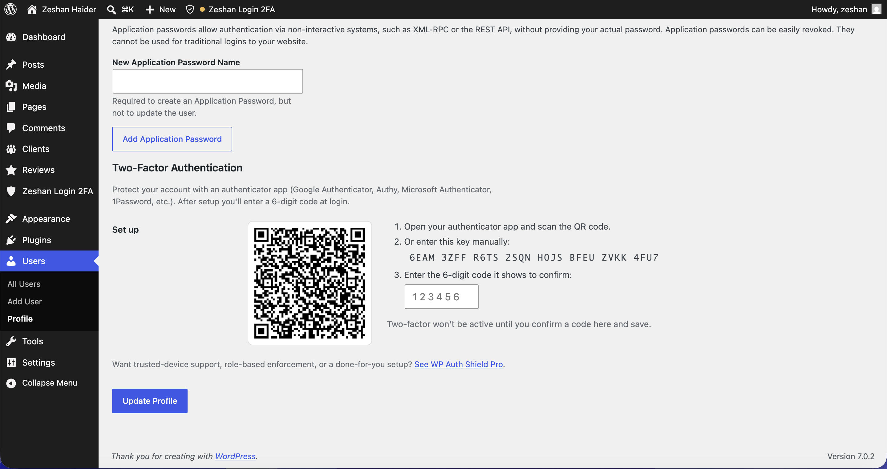 The two-factor setup on your user profile. Scan the QR code with your app, confirm one code, and you are protected.