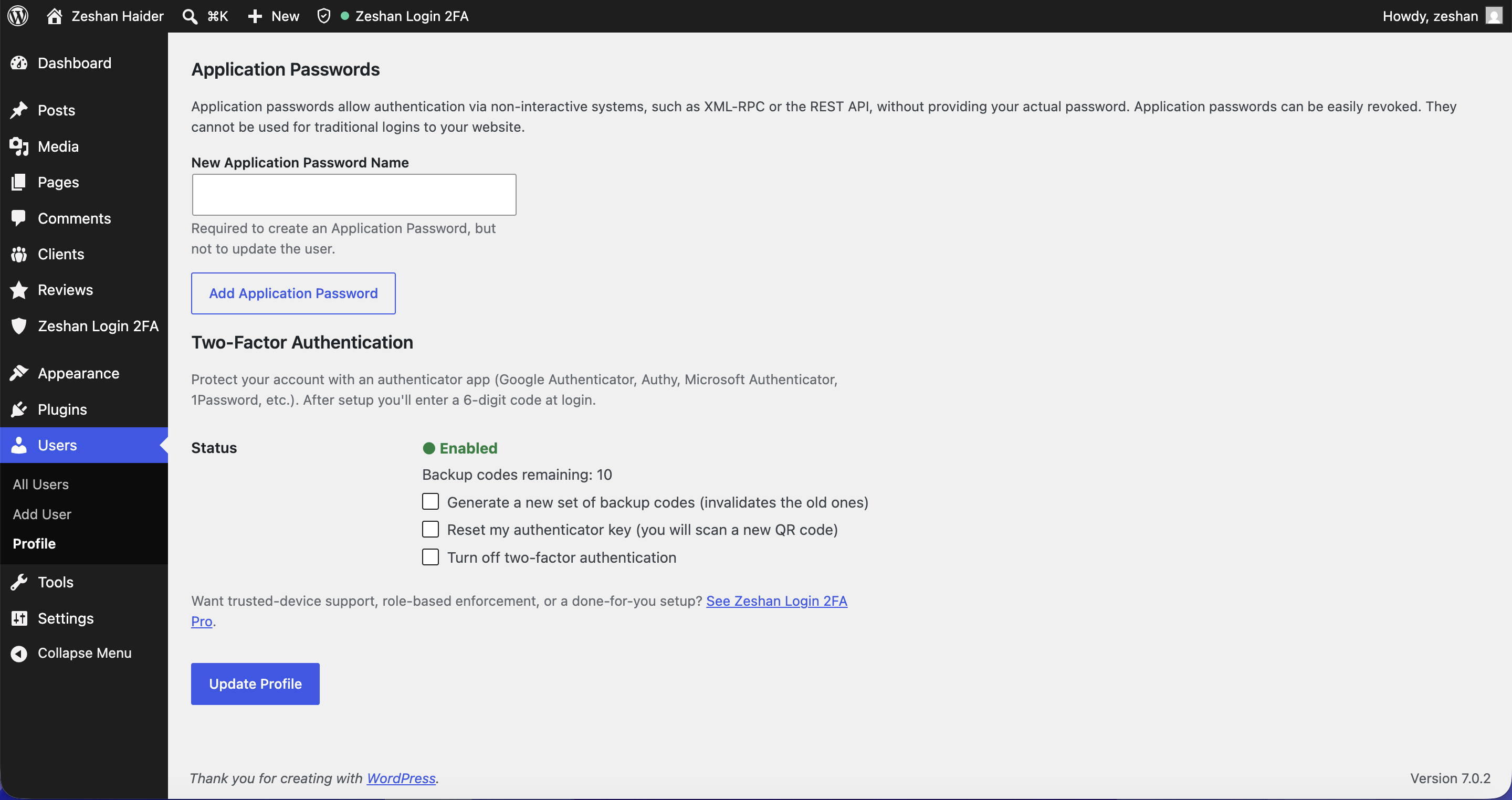 Once enabled, your profile shows the status and how many backup codes you have left.